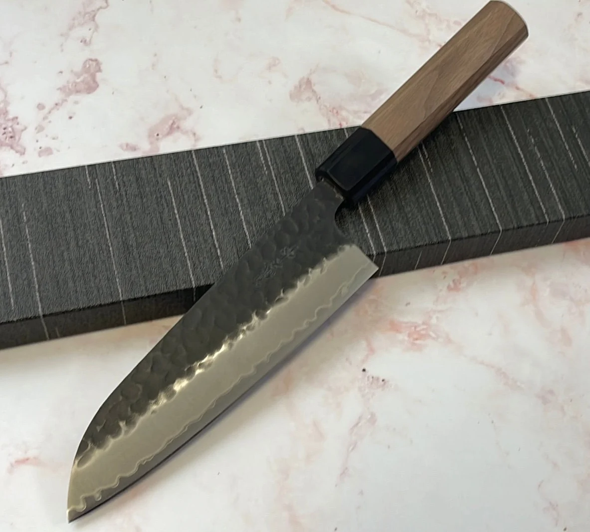 Yoshimune Santoku 165mm (6.5in) Stainless clad Aogami(Blue) Super Black Hammered Finish Double-Bevel Walnut Octagonal Handle