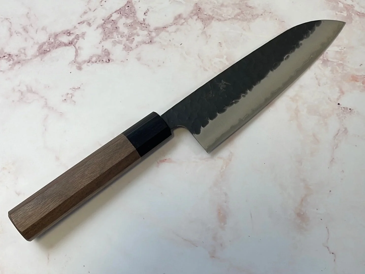 Yoshimune Santoku 165mm (6.5in) Stainless clad Aogami(Blue) Super Black Hammered Finish Double-Bevel Walnut Octagonal Handle - Image 11