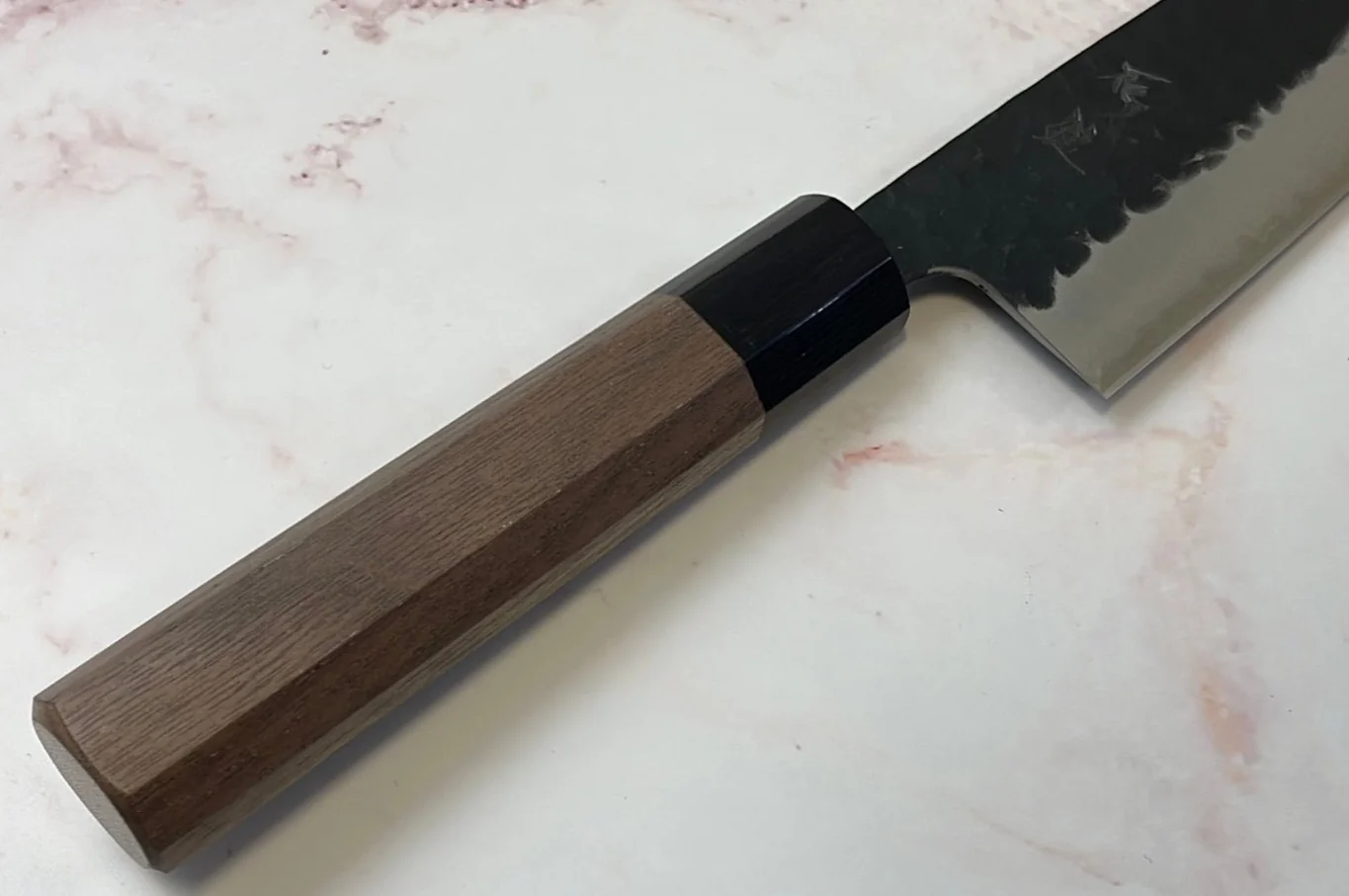 Yoshimune Santoku 165mm (6.5in) Stainless clad Aogami(Blue) Super Black Hammered Finish Double-Bevel Walnut Octagonal Handle - Image 12