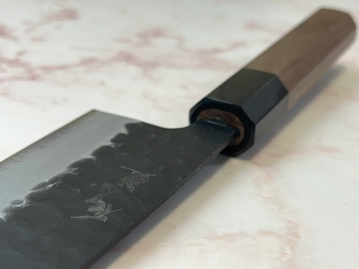 Yoshimune Santoku 165mm (6.5in) Stainless clad Aogami(Blue) Super Black Hammered Finish Double-Bevel Walnut Octagonal Handle - Image 15