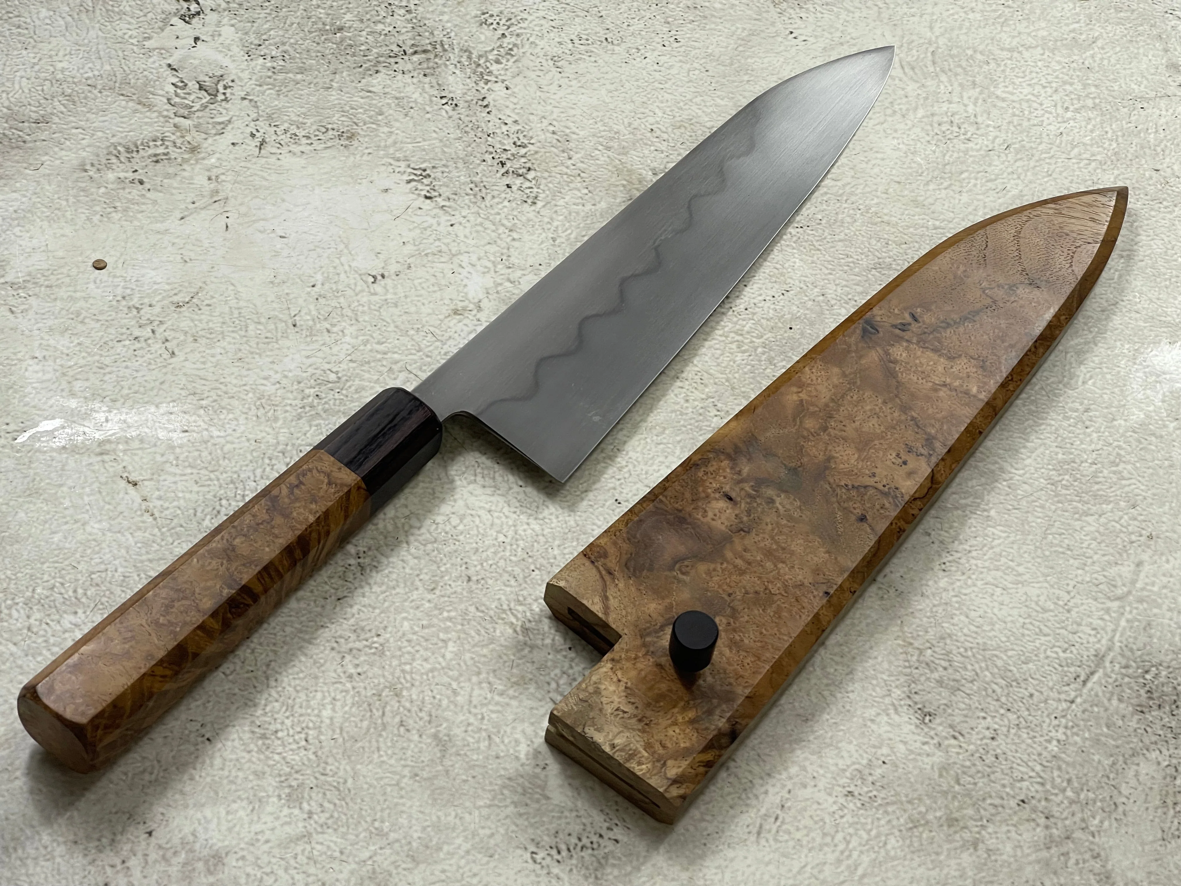 Kanefusa Gyuto 230mm Teakwood Burl & Rosewood Handle & Sheath - Image 2