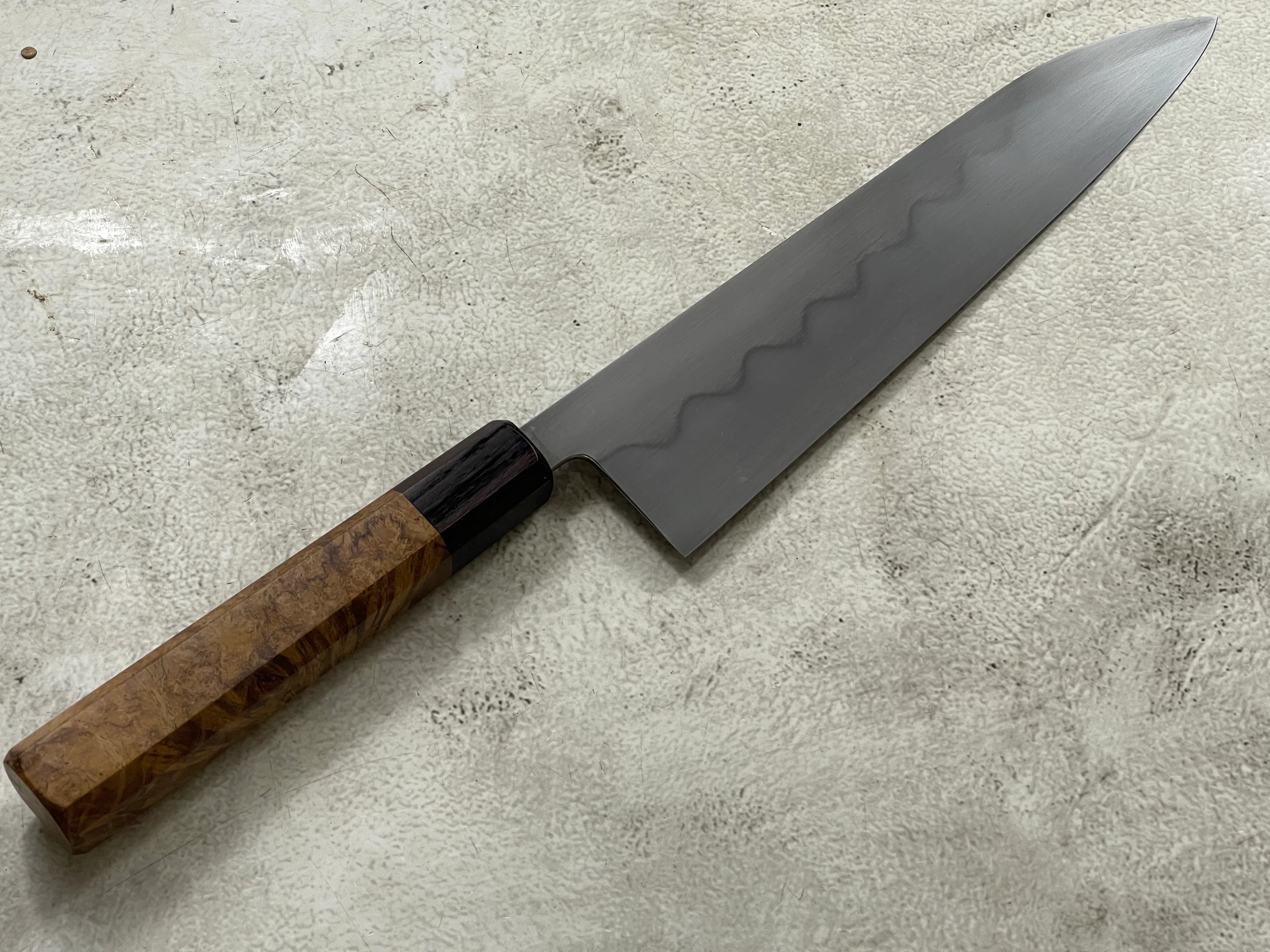 Kanefusa Gyuto 230mm Teakwood Burl & Rosewood Handle & Sheath - Image 5