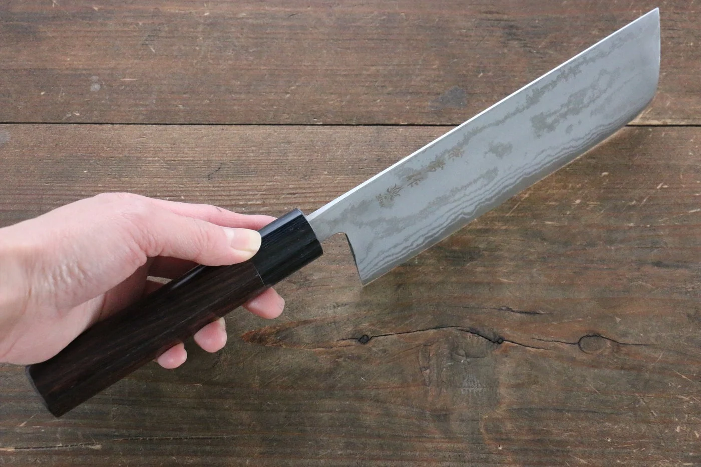 Kanetsune Blue Steel No. 2 Damascus Nakiri Japanese Knife 165mm Shitan Handle - Image 4