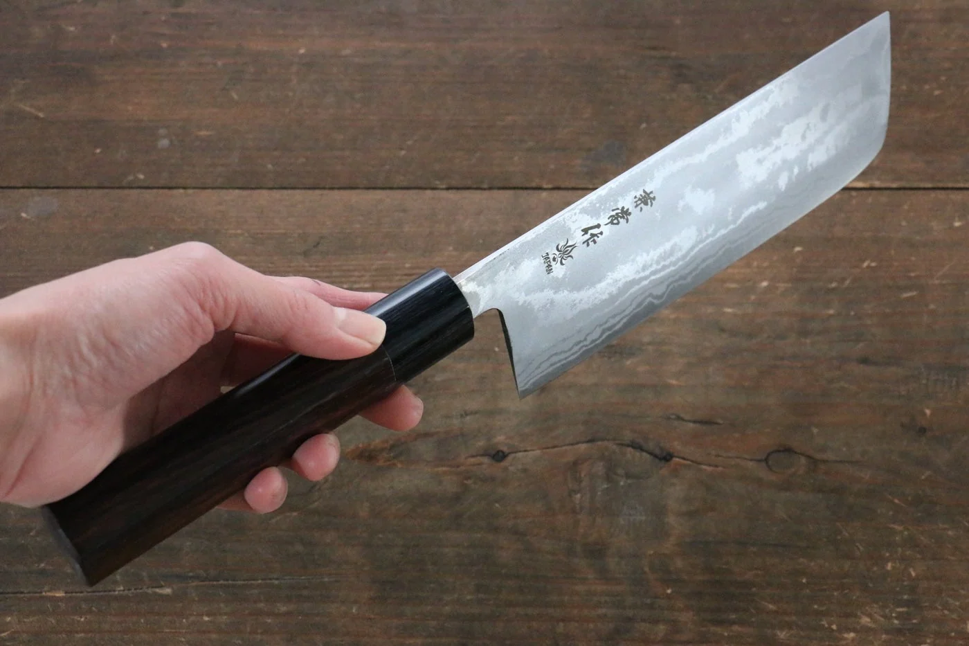 Kanetsune Blue Steel No. 2 Damascus Nakiri Japanese Knife 165mm Shitan Handle - Image 5