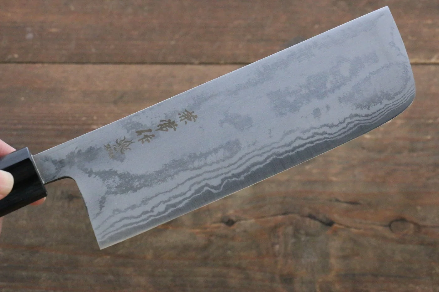 Kanetsune Blue Steel No. 2 Damascus Nakiri Japanese Knife 165mm Shitan Handle - Image 7