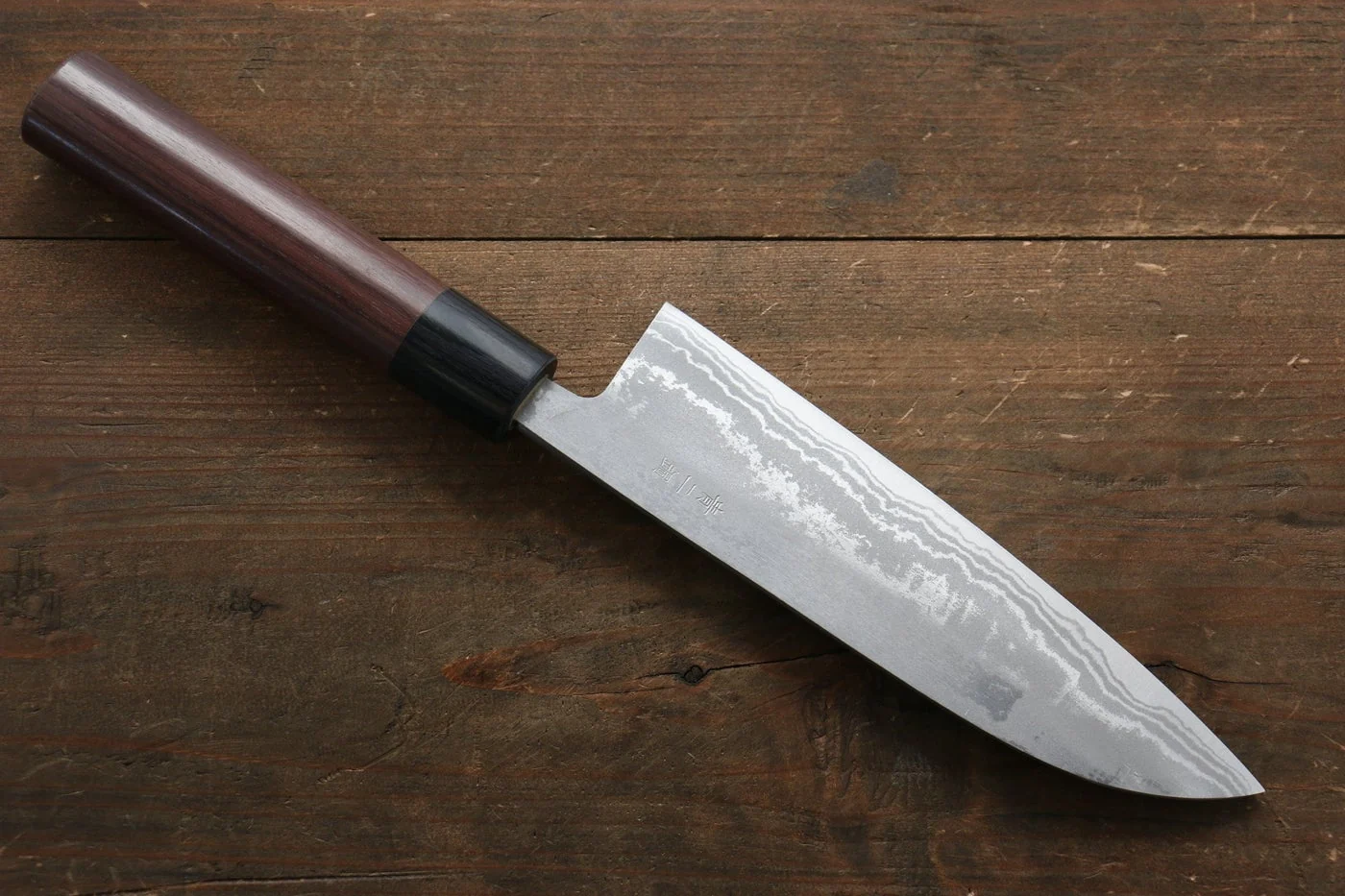 Kanetsune Blue Steel No. 2 Damascus santoku Japanese Knife 165mm Shitan Handle - Image 10