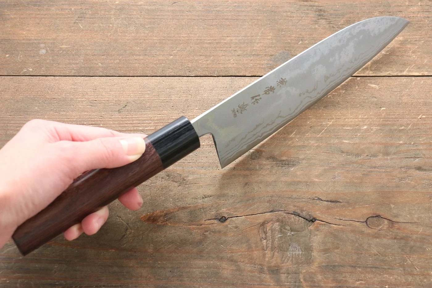 Kanetsune Blue Steel No. 2 Damascus santoku Japanese Knife 165mm Shitan Handle - Image 4