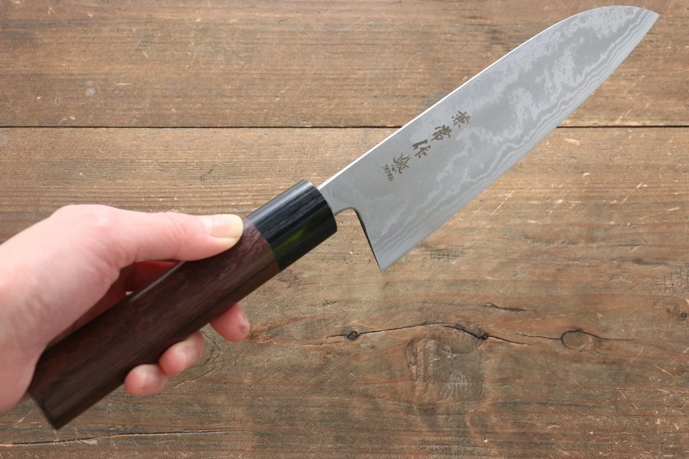Kanetsune Blue Steel No. 2 Damascus santoku Japanese Knife 165mm Shitan Handle - Image 5