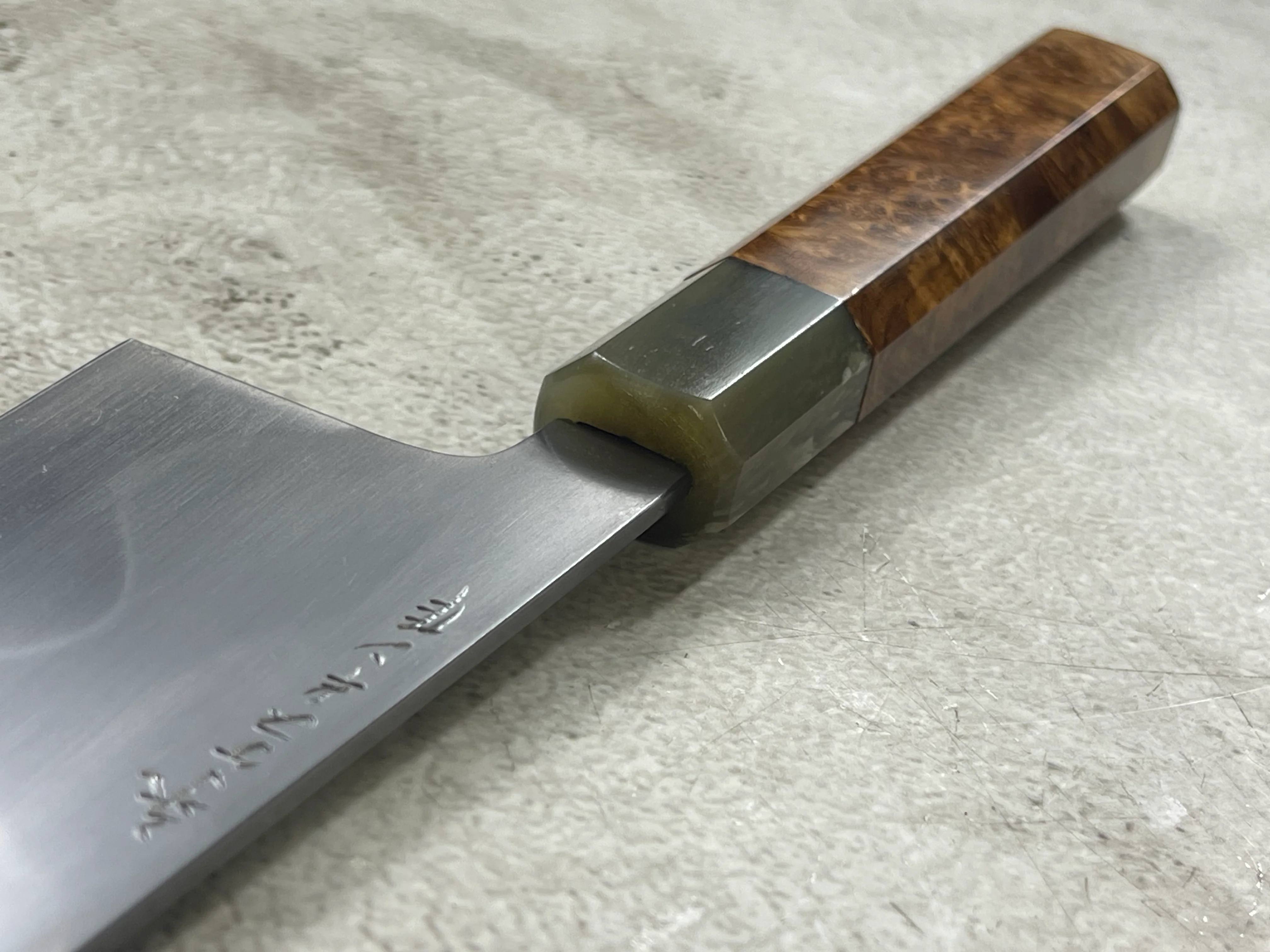 Keskin Migaki Kiritsuke 230mm Amboyna Burl & Blonde Buffalo Horn with sheath - Image 10