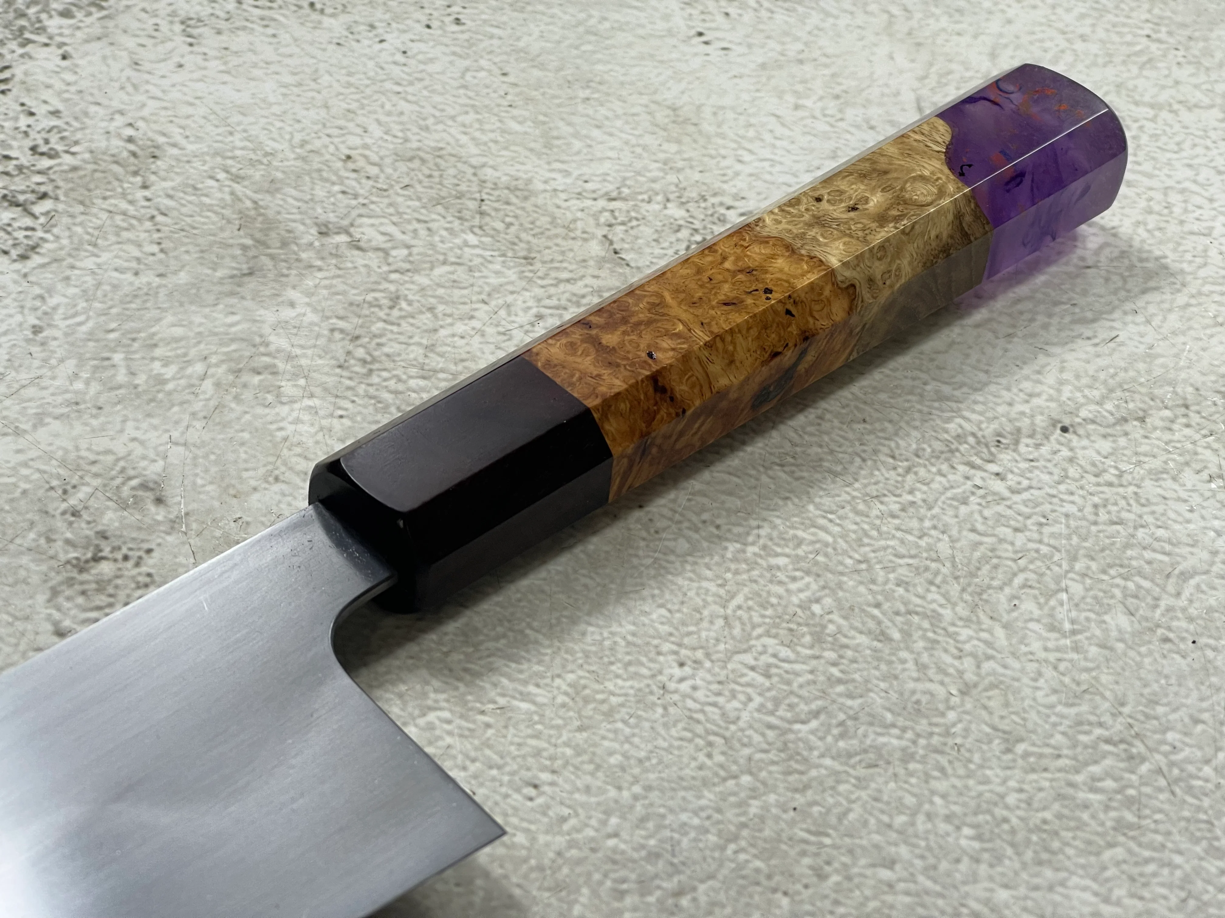 Keskin Migaki Kiritsuke 230mm Amboyna Burl Mix & Purple Resin Rosewood Ferrule - Image 11