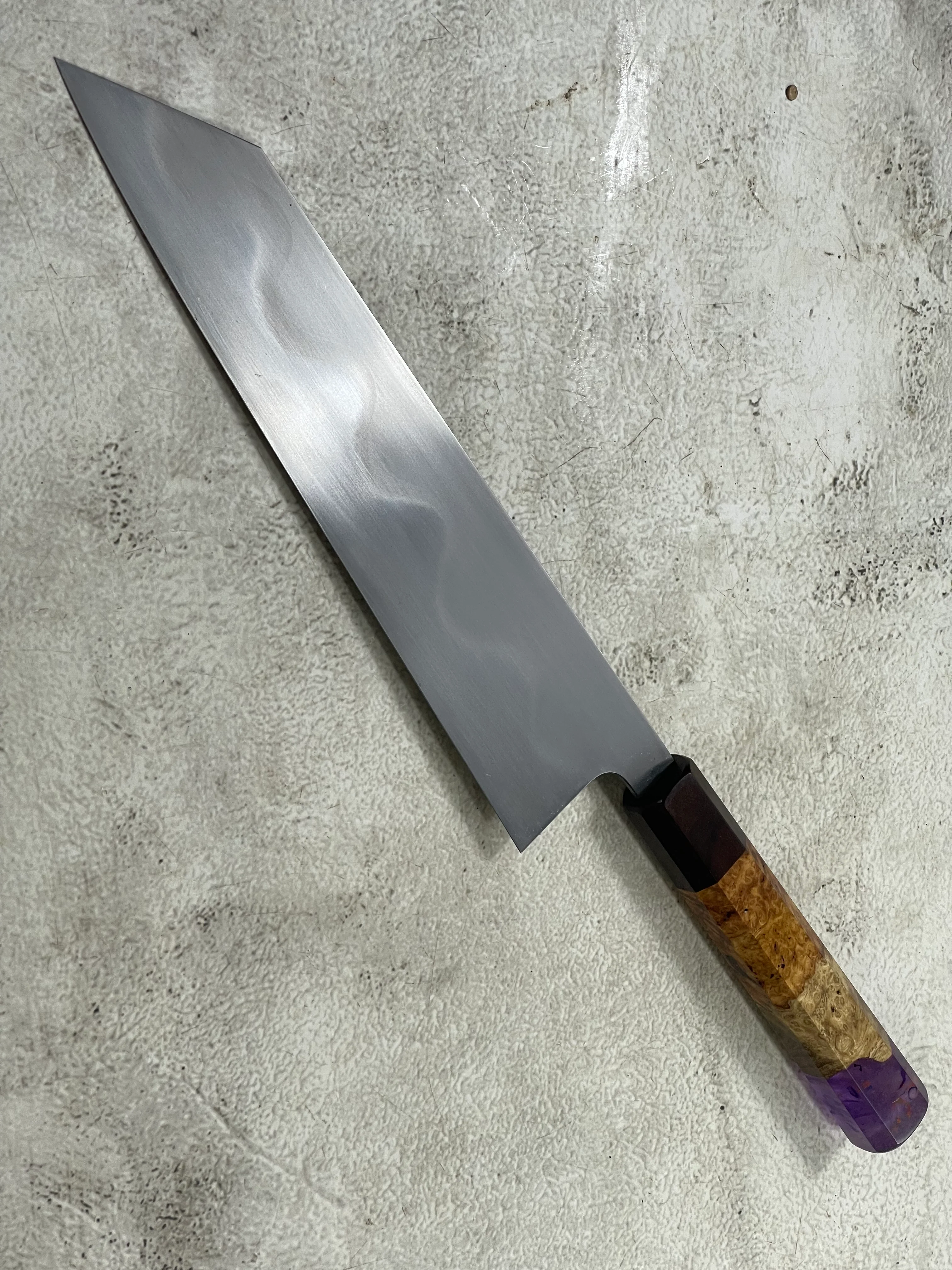 Keskin Migaki Kiritsuke 230mm Amboyna Burl Mix & Purple Resin Rosewood Ferrule - Image 13
