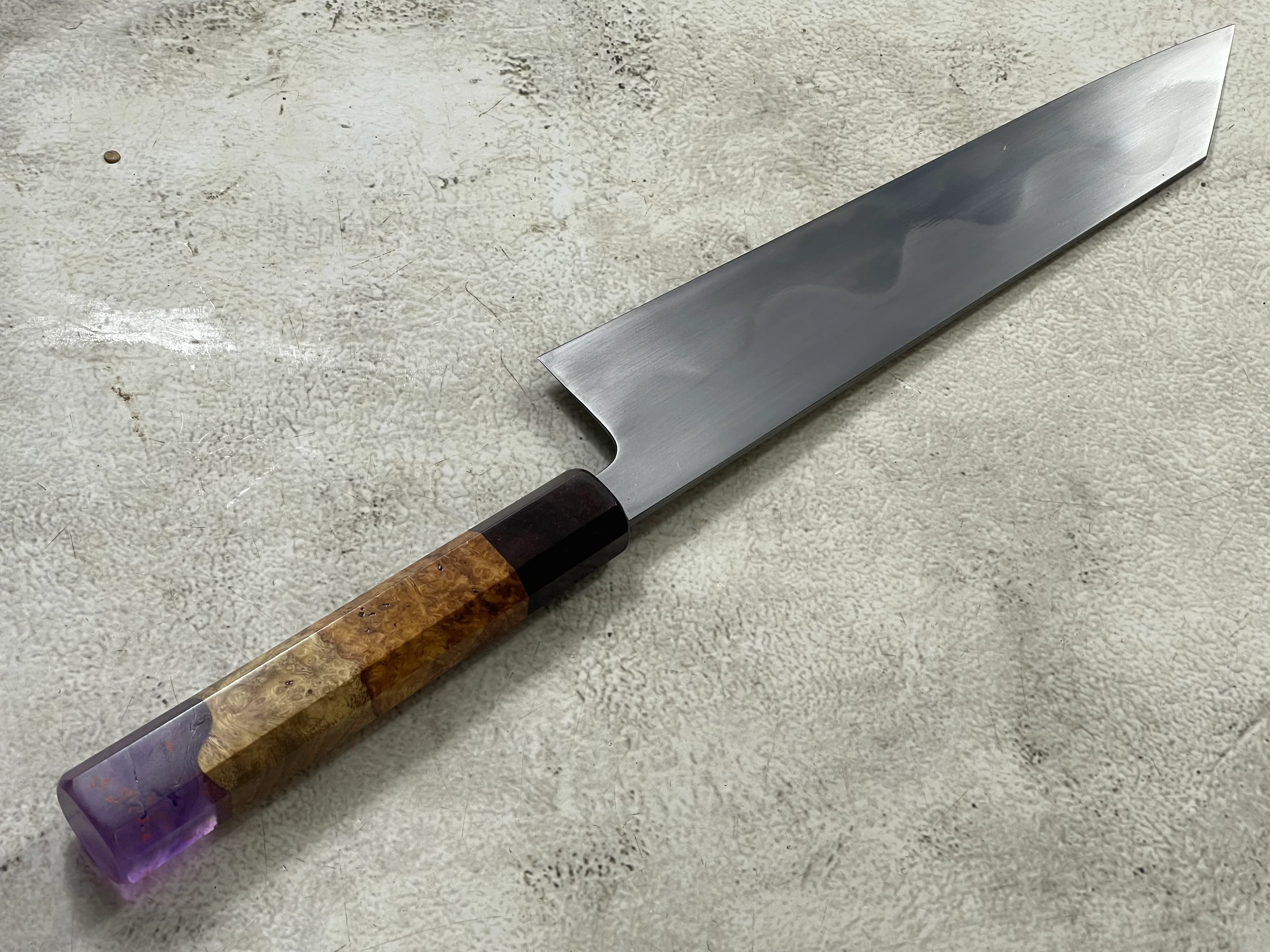 Keskin Migaki Kiritsuke 230mm Amboyna Burl Mix & Purple Resin Rosewood Ferrule - Image 16