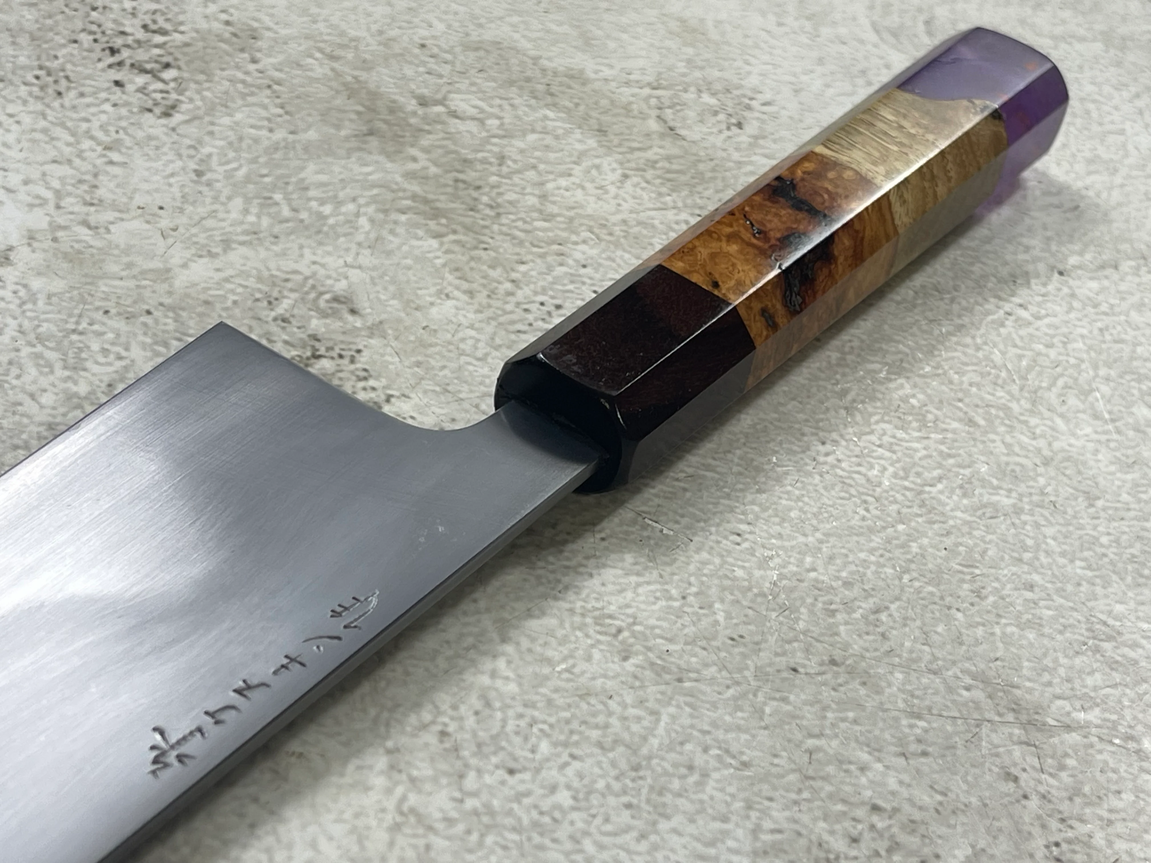 Keskin Migaki Kiritsuke 230mm Amboyna Burl Mix & Purple Resin Rosewood Ferrule - Image 9