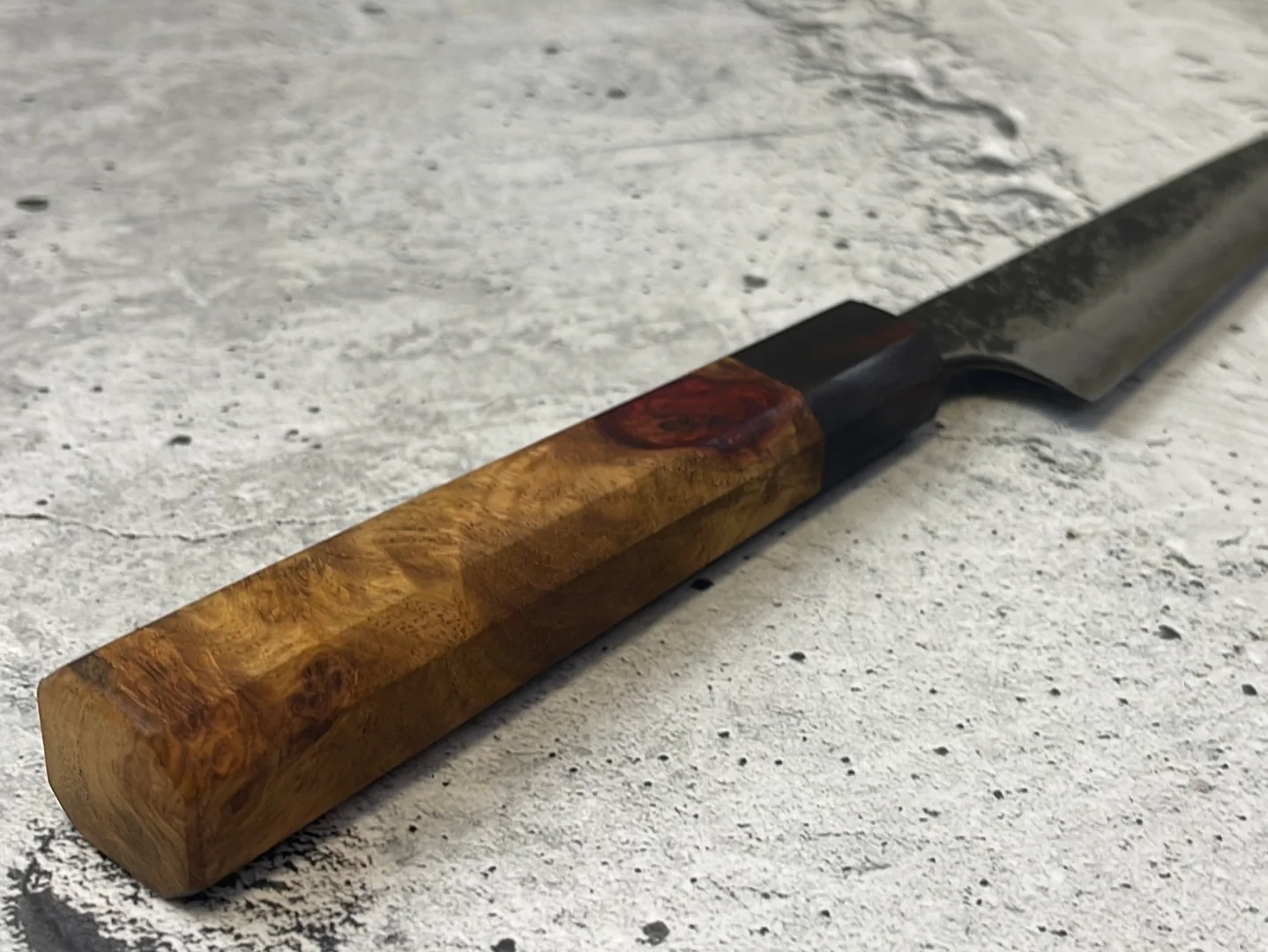 SanMai Petty 150mm Kurouchi Etched, Amboyna Burl & Rosewood Handle - Image 3