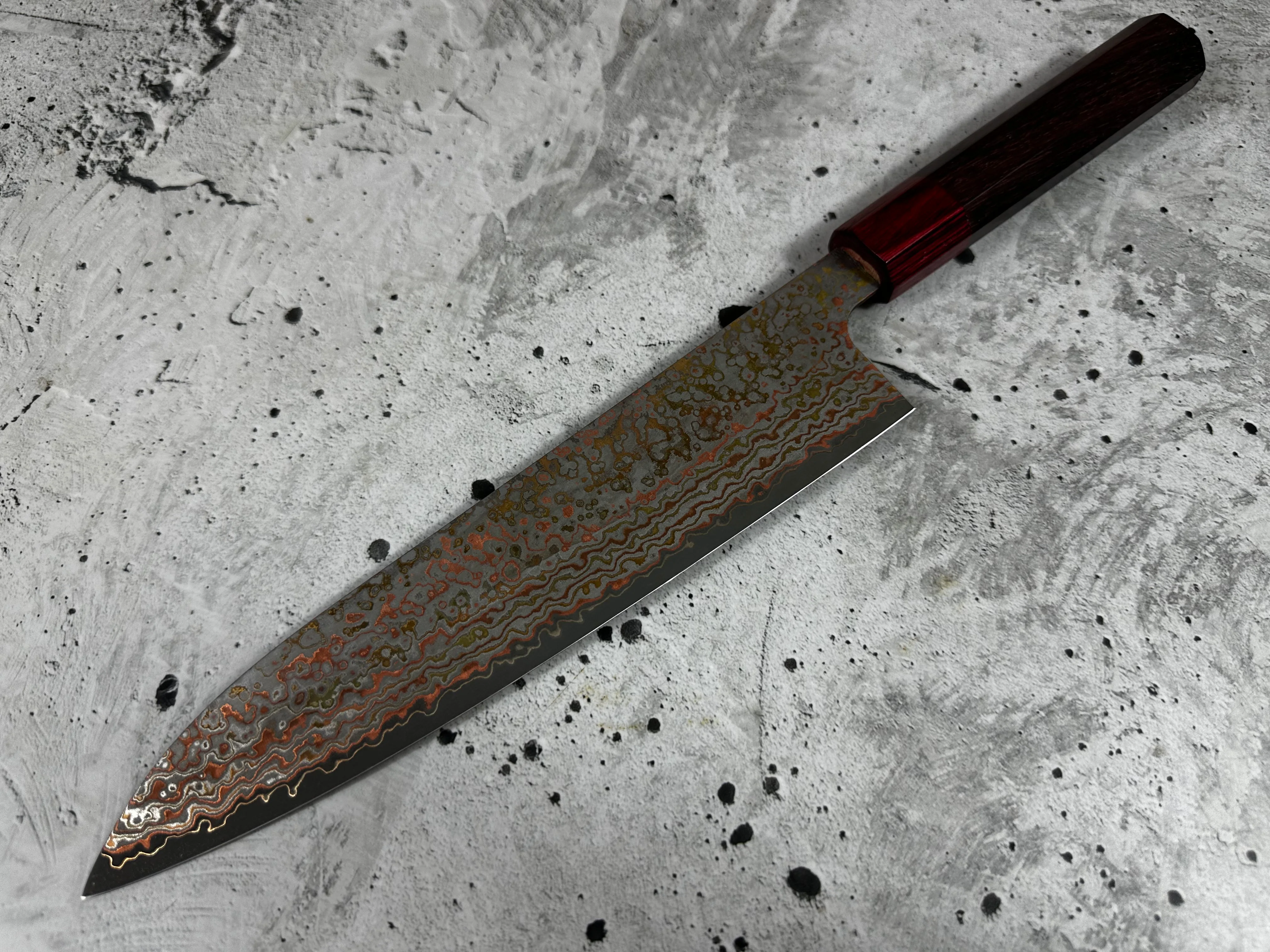 Takeshi Saji VG10-W Nashiji Rainbow Damascus Gyuto 210mm - Image 12