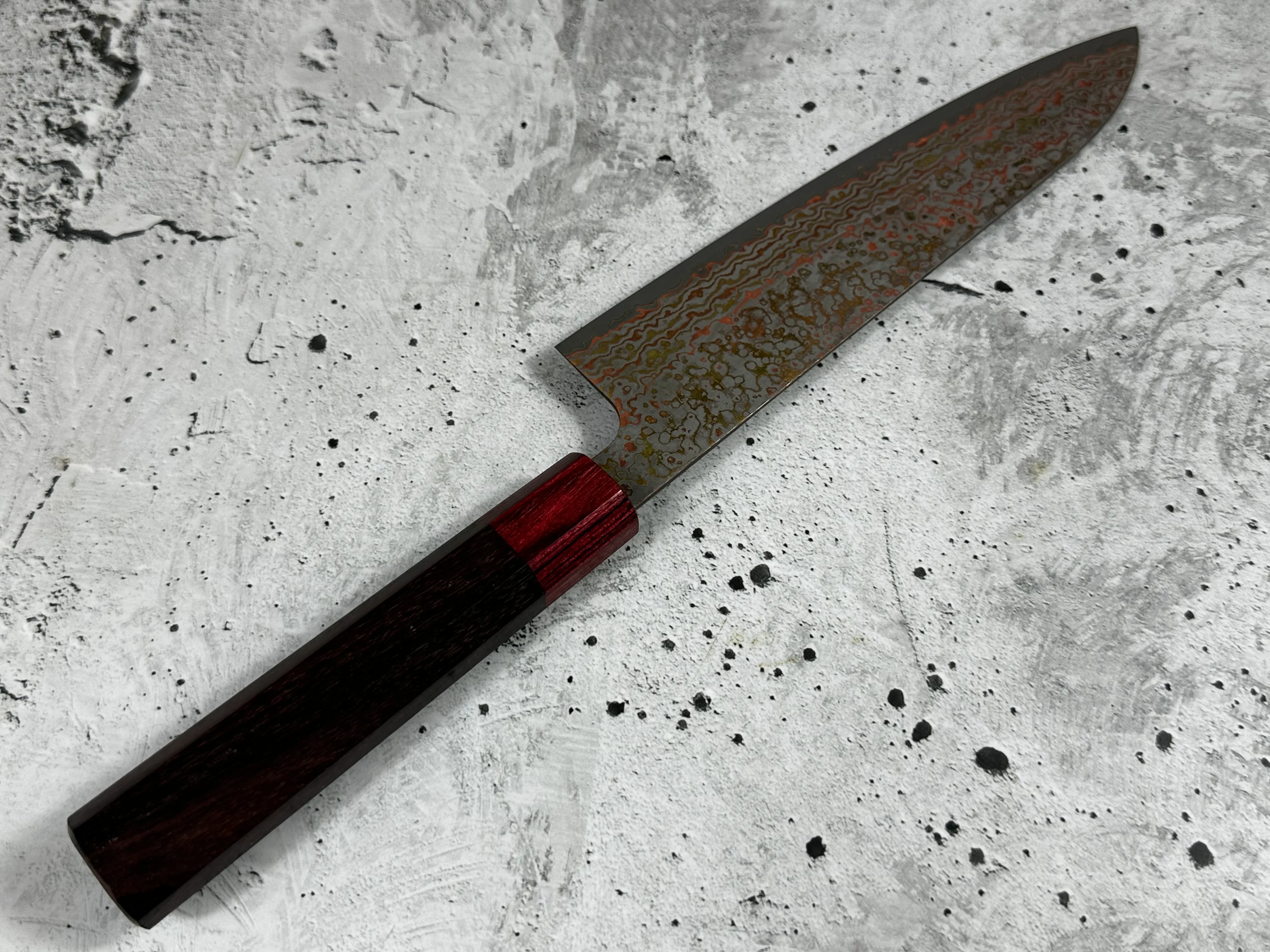 Takeshi Saji VG10-W Nashiji Rainbow Damascus Gyuto 210mm - Image 15