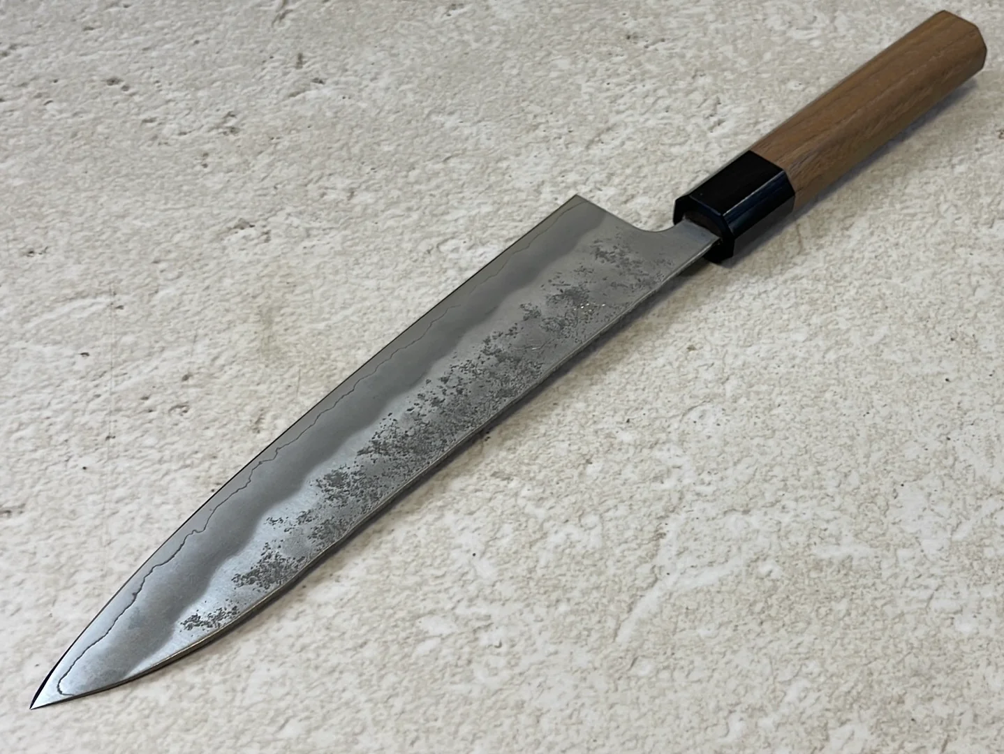 Yoshimune Gyuto 210 mm (8.3 in) Ginsan (Silver #3) Nashiji finish Double-Bevel Walnut Octagonal Handle - Image 10