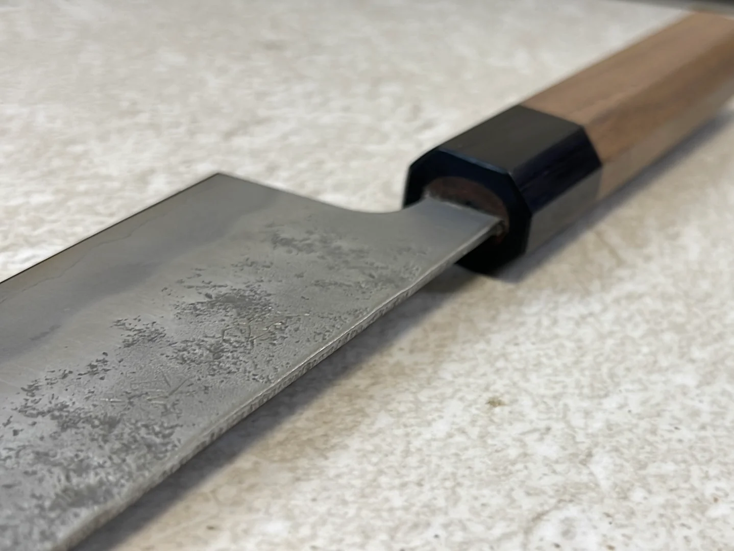 Yoshimune Gyuto 210 mm (8.3 in) Ginsan (Silver #3) Nashiji finish Double-Bevel Walnut Octagonal Handle - Image 11
