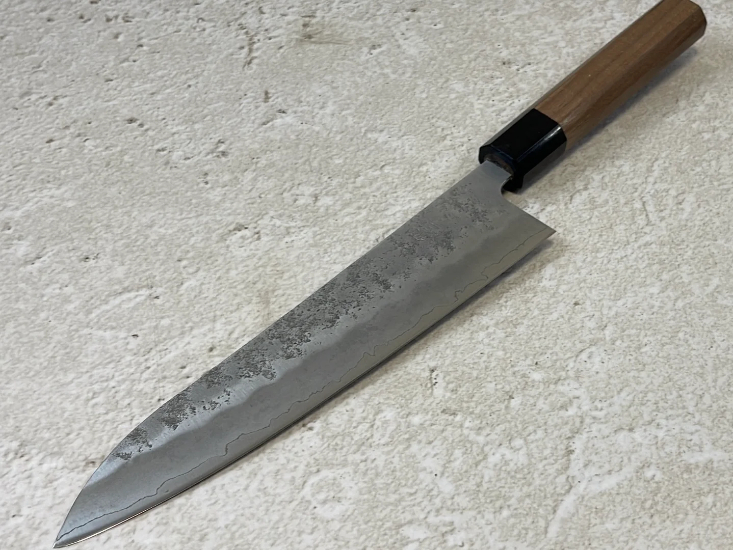 Yoshimune Gyuto 210 mm (8.3 in) Ginsan (Silver #3) Nashiji finish Double-Bevel Walnut Octagonal Handle - Image 12