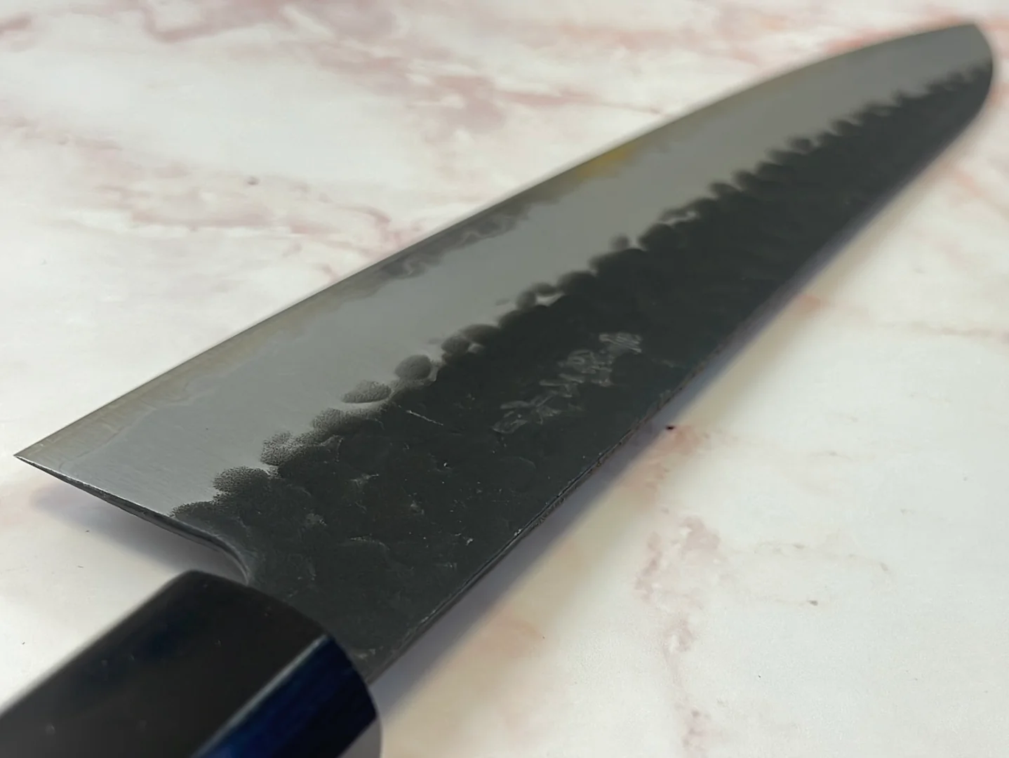 Yoshimune Gyuto Black Stainless 210 mm ) Aogami Super Hammered Finish Double-Bevel Walnut Octagonal Handle - Image 10