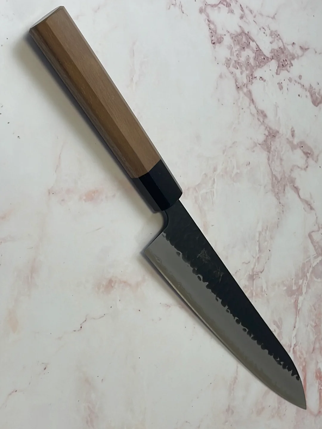 Yoshimune Gyuto Black Stainless 210 mm ) Aogami Super Hammered Finish Double-Bevel Walnut Octagonal Handle - Image 11