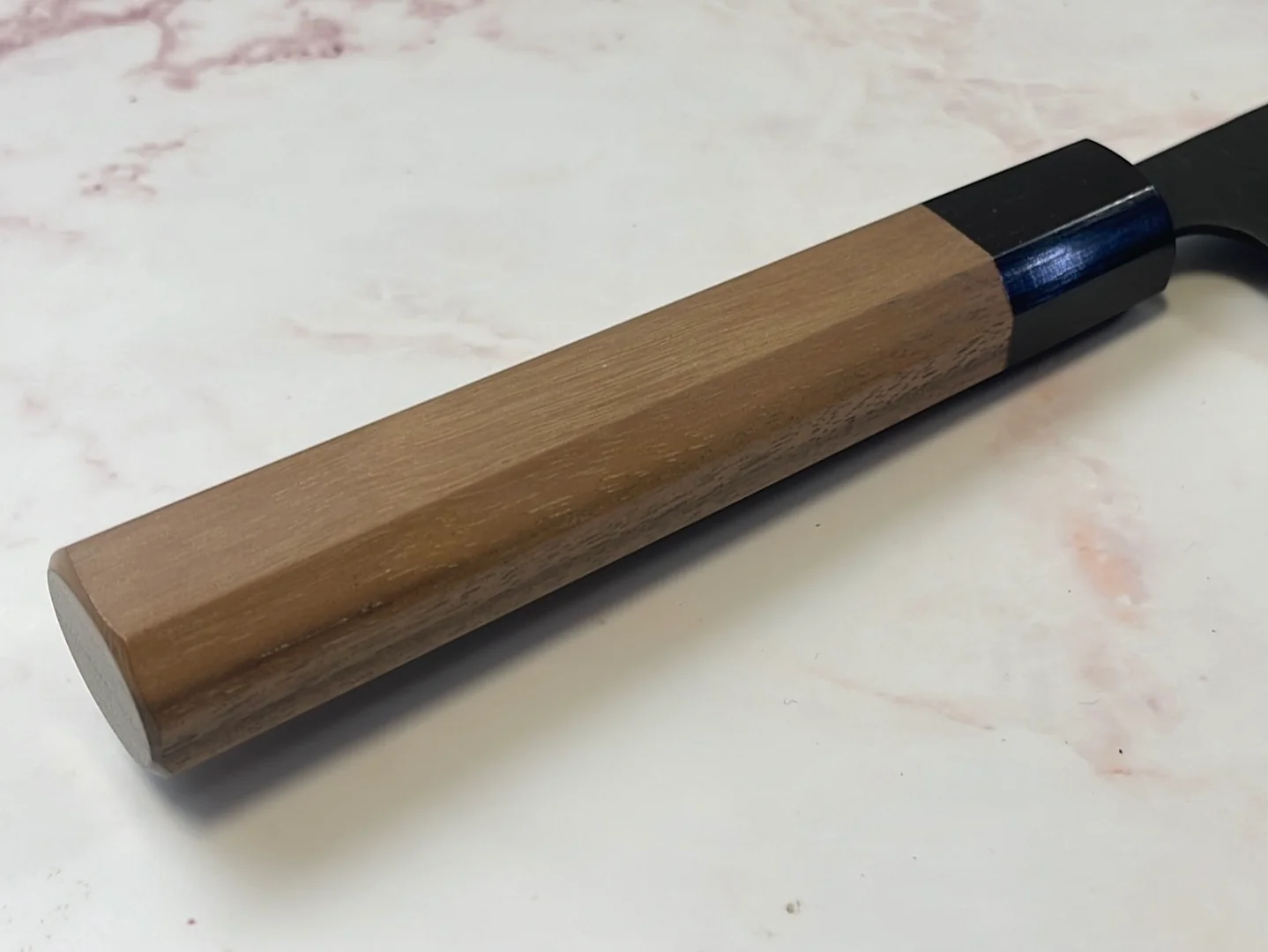 Yoshimune Gyuto Black Stainless 210 mm ) Aogami Super Hammered Finish Double-Bevel Walnut Octagonal Handle - Image 12