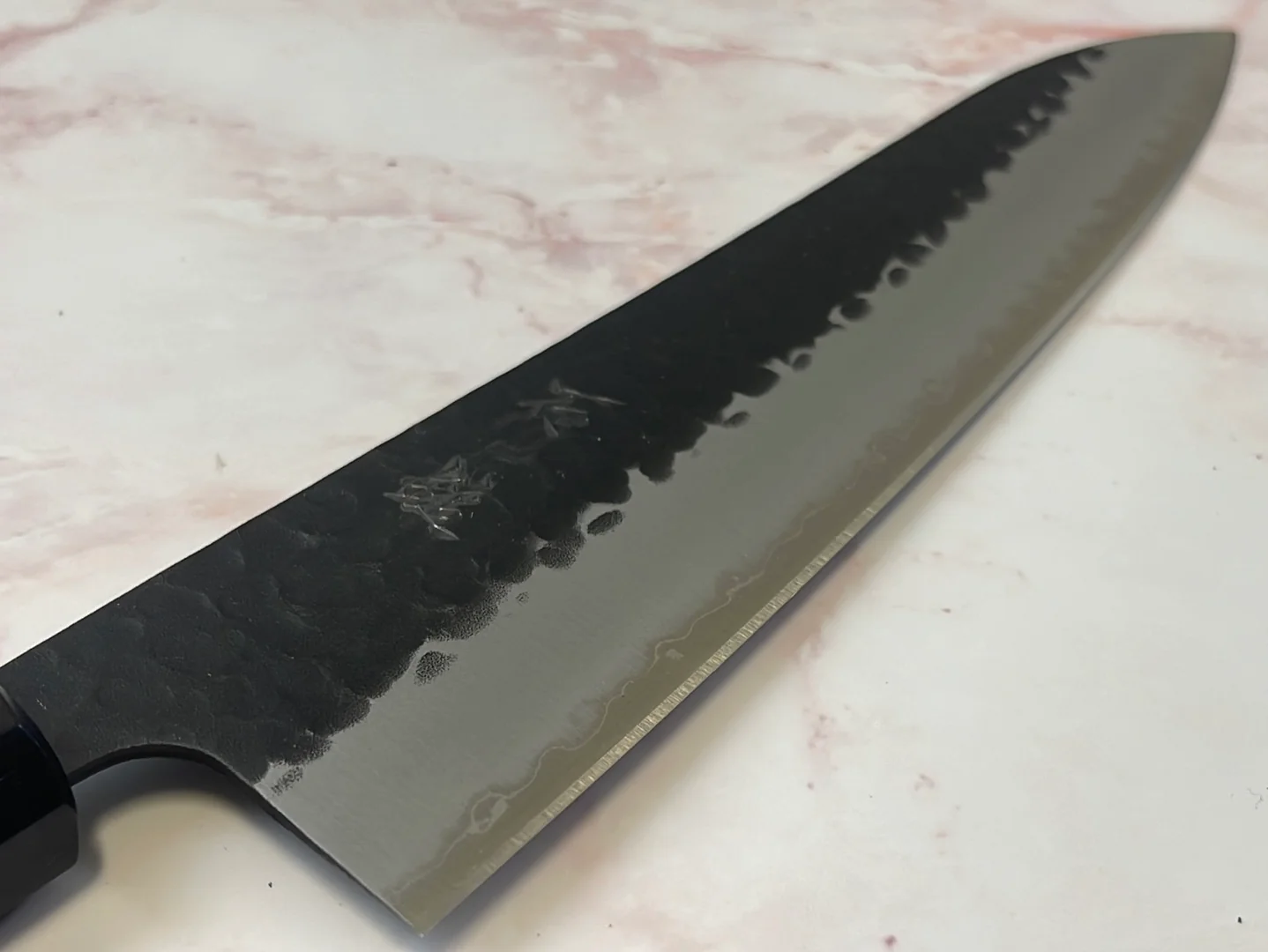 Yoshimune Gyuto Black Stainless 210 mm ) Aogami Super Hammered Finish Double-Bevel Walnut Octagonal Handle - Image 13