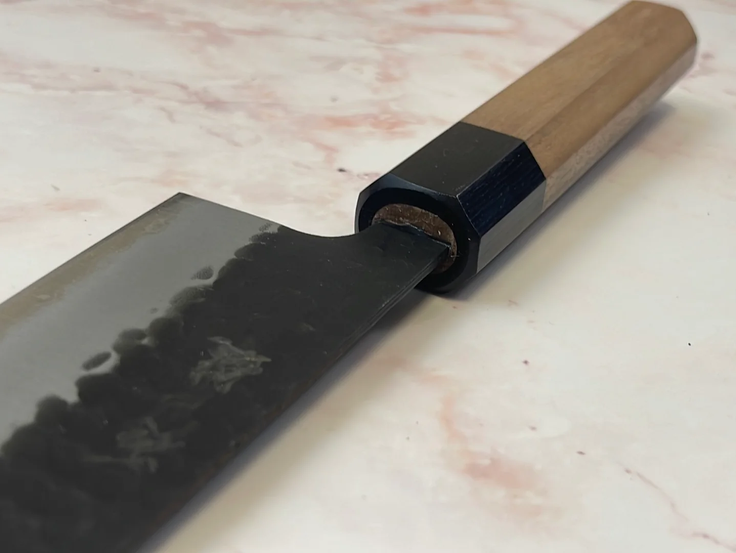 Yoshimune Gyuto Black Stainless 210 mm ) Aogami Super Hammered Finish Double-Bevel Walnut Octagonal Handle - Image 16