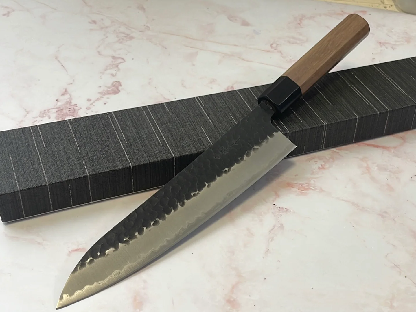 Yoshimune Gyuto Black Stainless 210 mm ) Aogami Super Hammered Finish Double-Bevel Walnut Octagonal Handle - Image 2