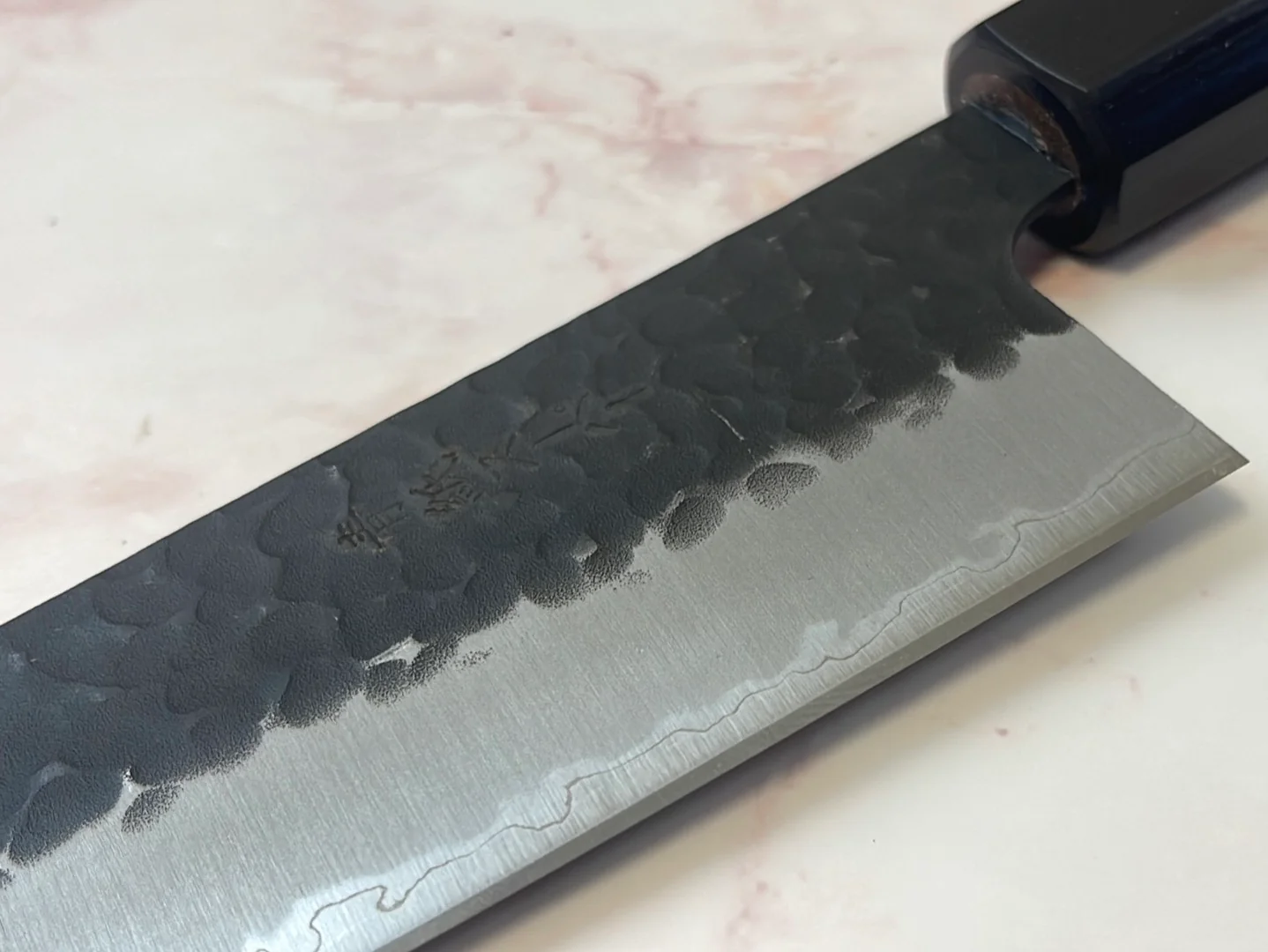 Yoshimune Gyuto Black Stainless 210 mm ) Aogami Super Hammered Finish Double-Bevel Walnut Octagonal Handle - Image 6