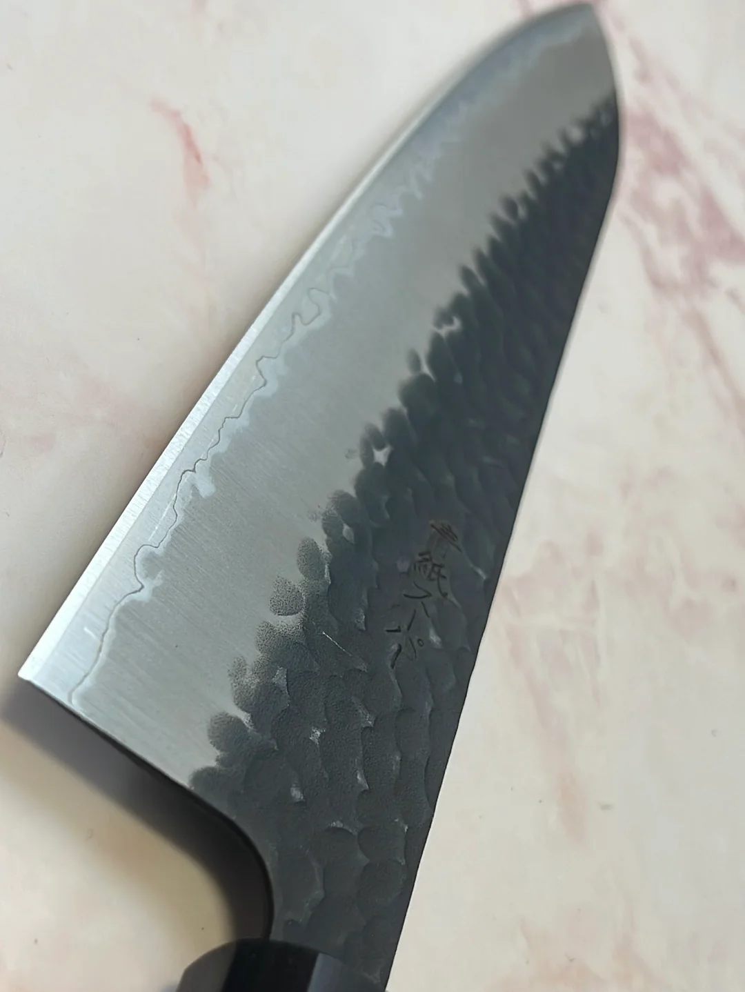 Yoshimune Gyuto Black Stainless 210 mm ) Aogami Super Hammered Finish Double-Bevel Walnut Octagonal Handle - Image 8