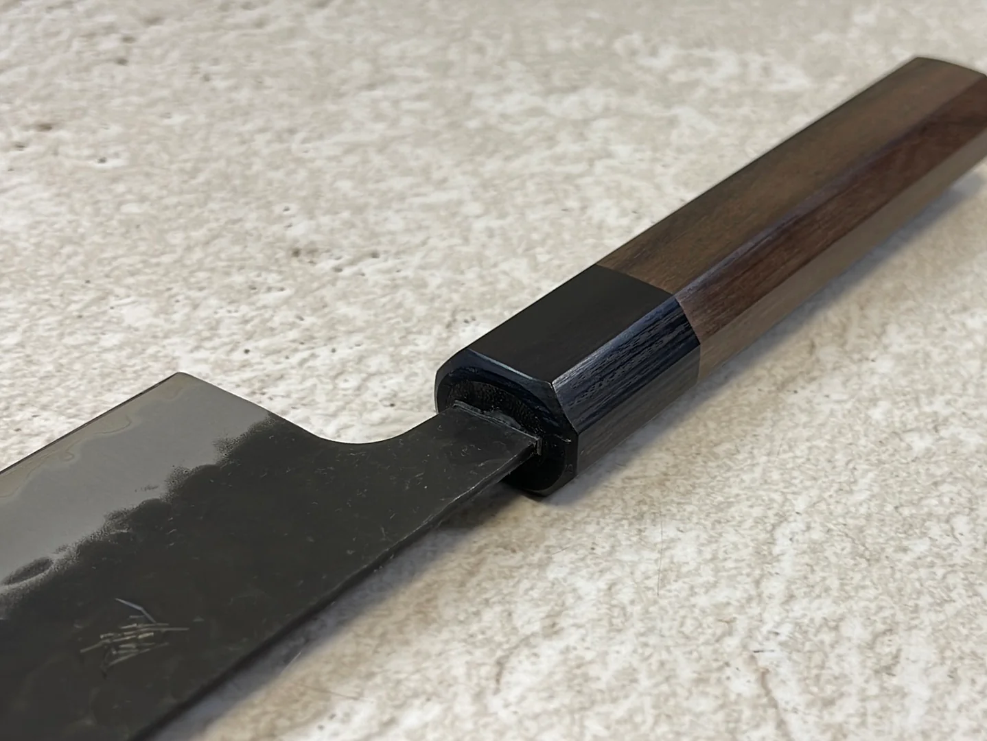 Yoshimune Gyuto Black Stainless 240 mm (9.4 in) Aogami Super Hammered Finish Double-Bevel Walnut Octagonal Handle - Image 11