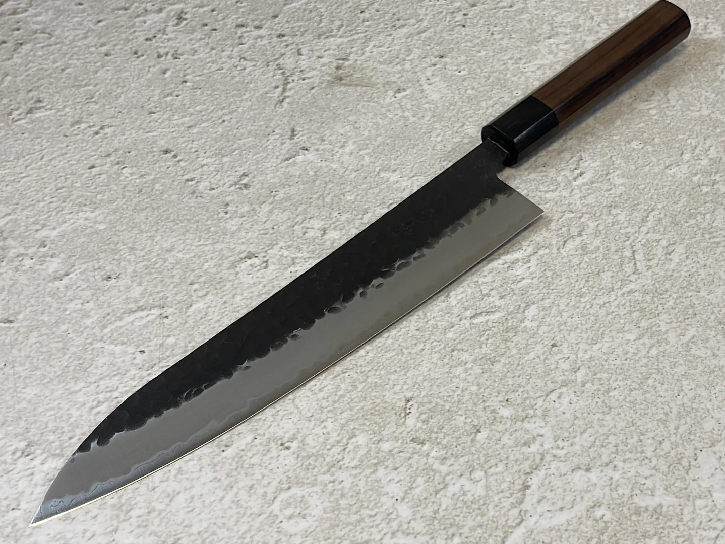 Yoshimune Gyuto Black Stainless 240 mm (9.4 in) Aogami Super Hammered Finish Double-Bevel Walnut Octagonal Handle - Image 13