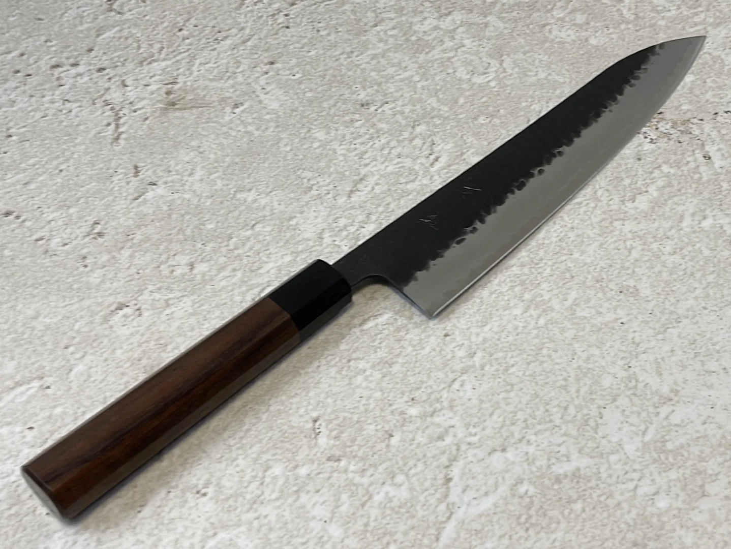Yoshimune Gyuto Black Stainless 240 mm (9.4 in) Aogami Super Hammered Finish Double-Bevel Walnut Octagonal Handle - Image 5