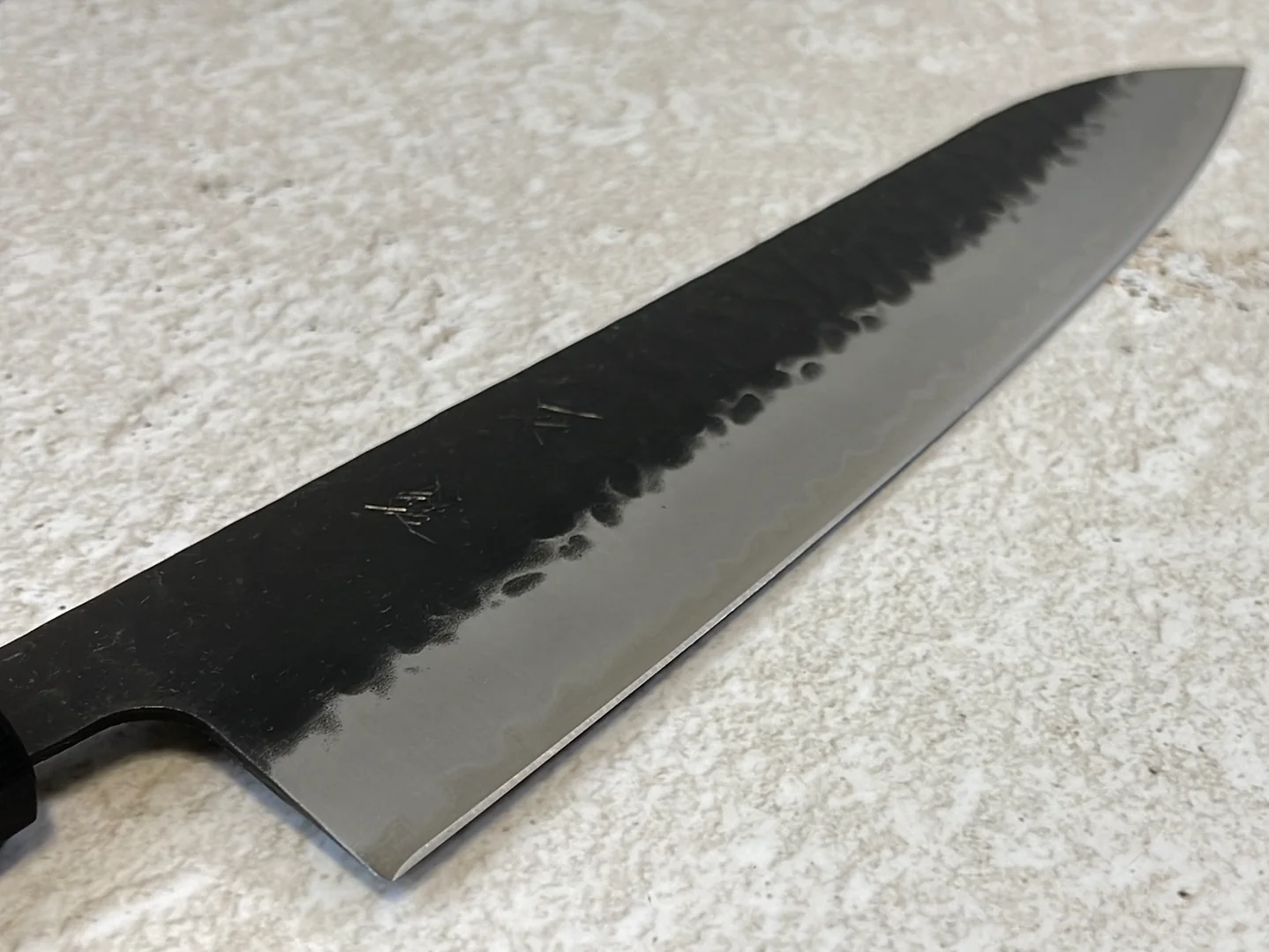 Yoshimune Gyuto Black Stainless 240 mm (9.4 in) Aogami Super Hammered Finish Double-Bevel Walnut Octagonal Handle - Image 7