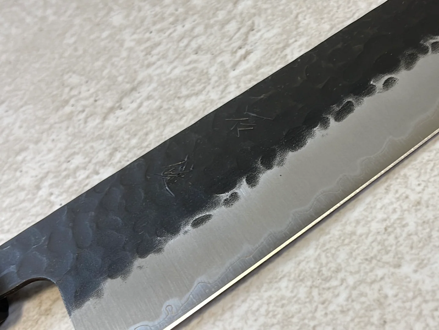 Yoshimune Gyuto Black Stainless 240 mm (9.4 in) Aogami Super Hammered Finish Double-Bevel Walnut Octagonal Handle - Image 8