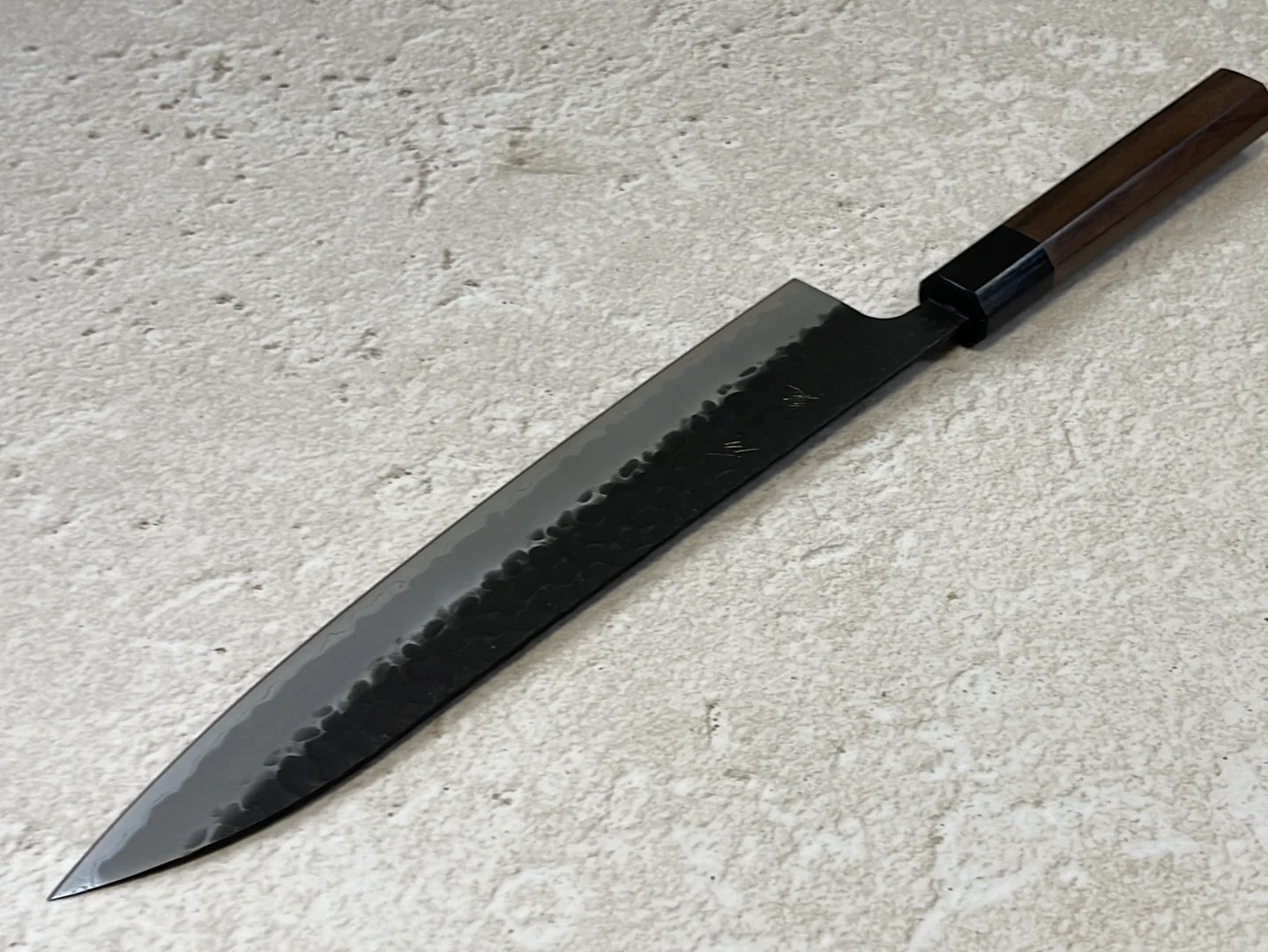Yoshimune Gyuto Black Stainless 240 mm (9.4 in) Aogami Super Hammered Finish Double-Bevel Walnut Octagonal Handle - Image 9