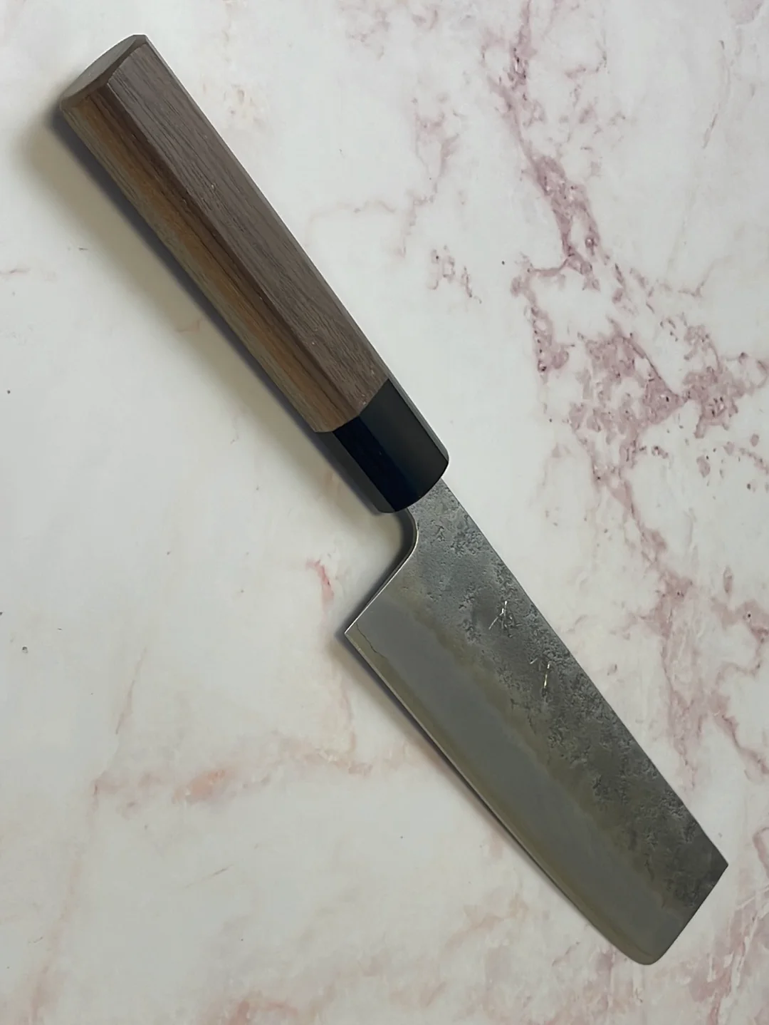 Yoshimune Nakiri 165 mm (6.5 in) Ginsan (Silver #3) Nashiji finish Double-Bevel Walnut Octagonal Handle - Image 11