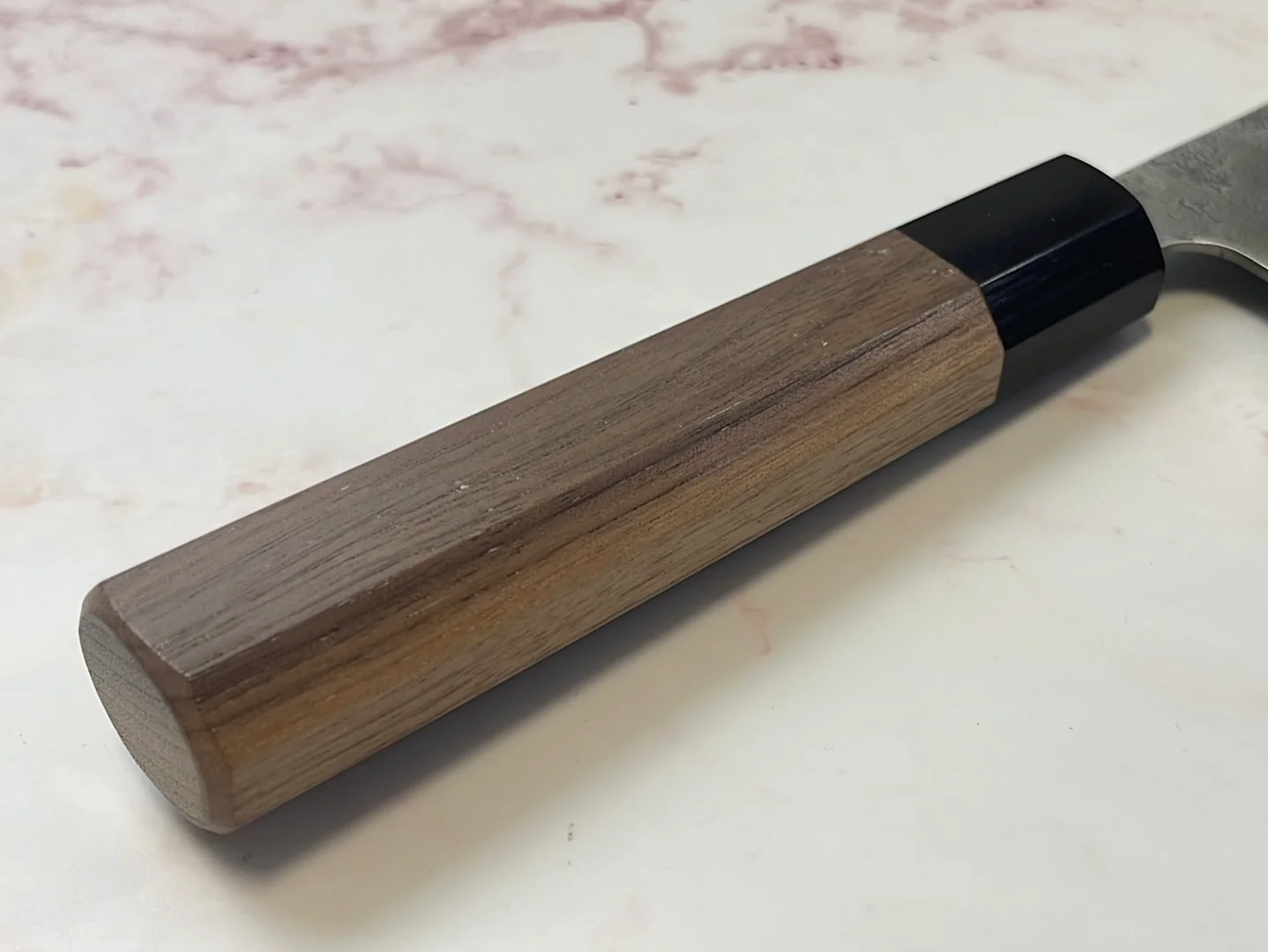 Yoshimune Nakiri 165 mm (6.5 in) Ginsan (Silver #3) Nashiji finish Double-Bevel Walnut Octagonal Handle - Image 12