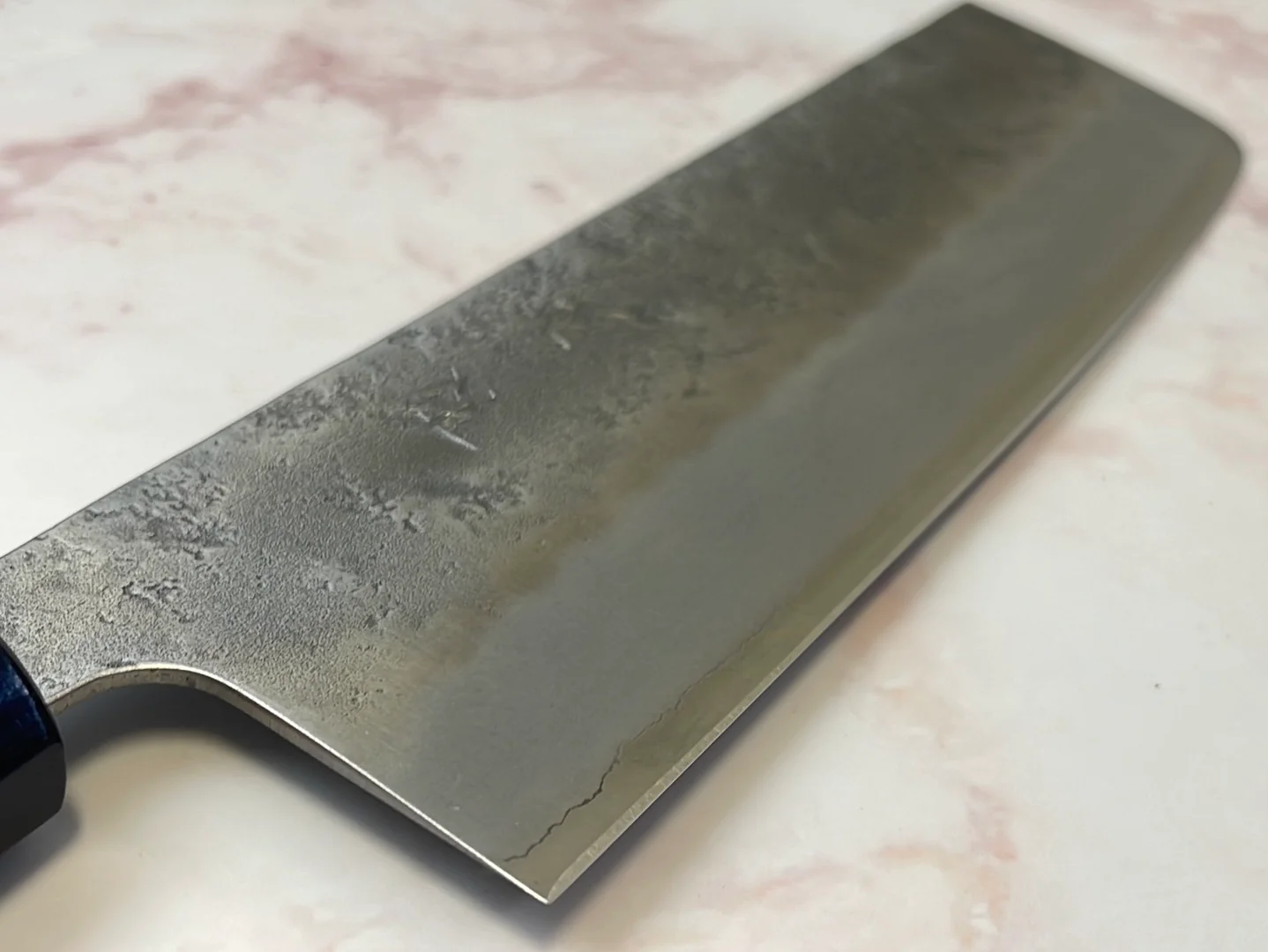 Yoshimune Nakiri 165 mm (6.5 in) Ginsan (Silver #3) Nashiji finish Double-Bevel Walnut Octagonal Handle - Image 13