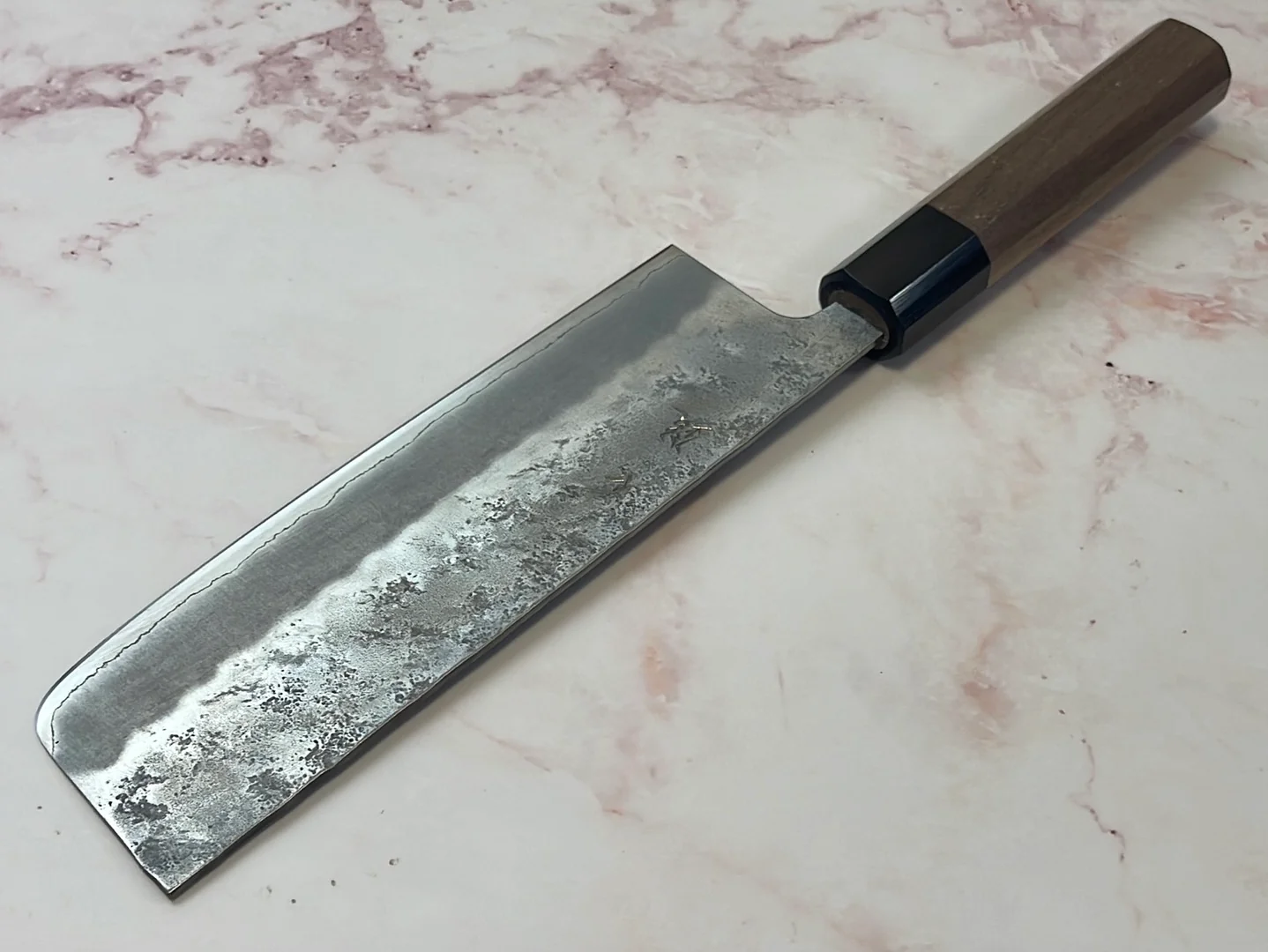 Yoshimune Nakiri 165 mm (6.5 in) Ginsan (Silver #3) Nashiji finish Double-Bevel Walnut Octagonal Handle - Image 15