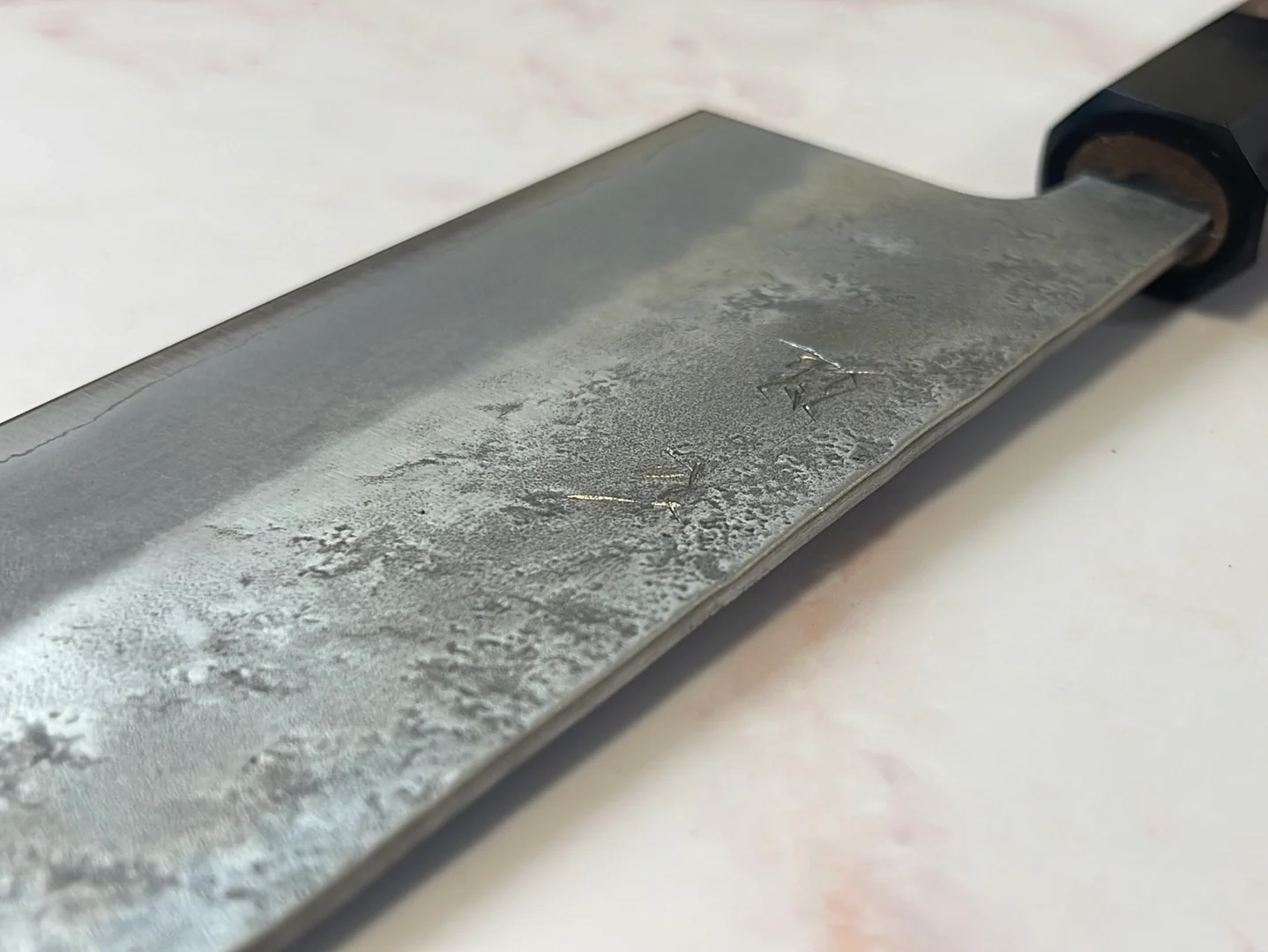 Yoshimune Nakiri 165 mm (6.5 in) Ginsan (Silver #3) Nashiji finish Double-Bevel Walnut Octagonal Handle - Image 16