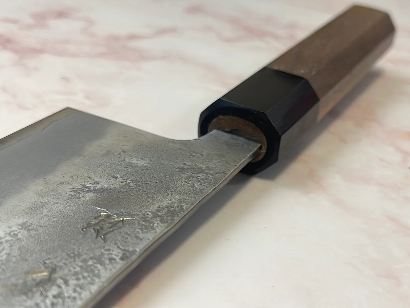 Yoshimune Nakiri 165 mm (6.5 in) Ginsan (Silver #3) Nashiji finish Double-Bevel Walnut Octagonal Handle - Image 17