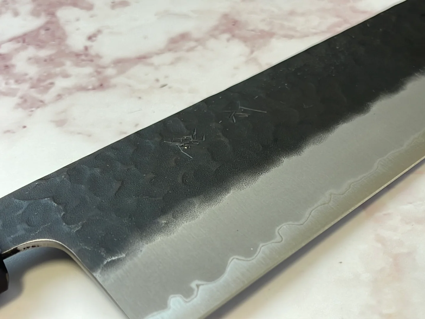 Yoshimune Nakiri 165mm (6.5in) Stainless clad Aogami(Blue) Super Black Hammered Finish Double-Bevel Walnut Octagonal Handle - Image 13