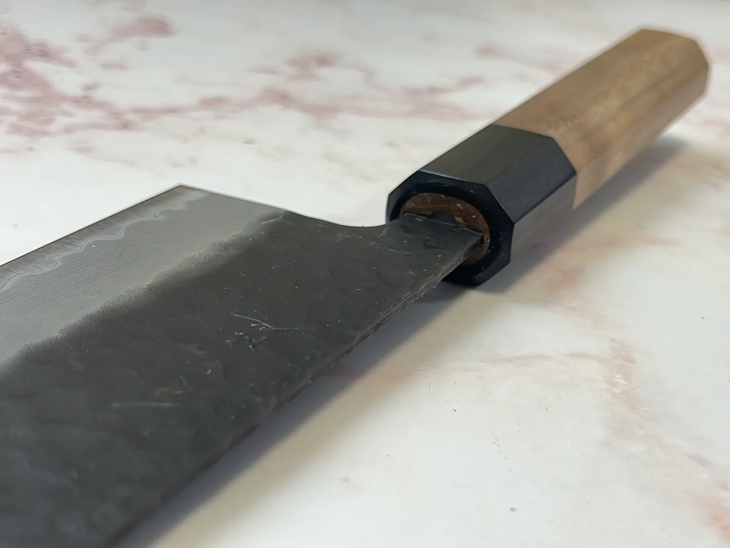 Yoshimune Nakiri 165mm (6.5in) Stainless clad Aogami(Blue) Super Black Hammered Finish Double-Bevel Walnut Octagonal Handle - Image 15