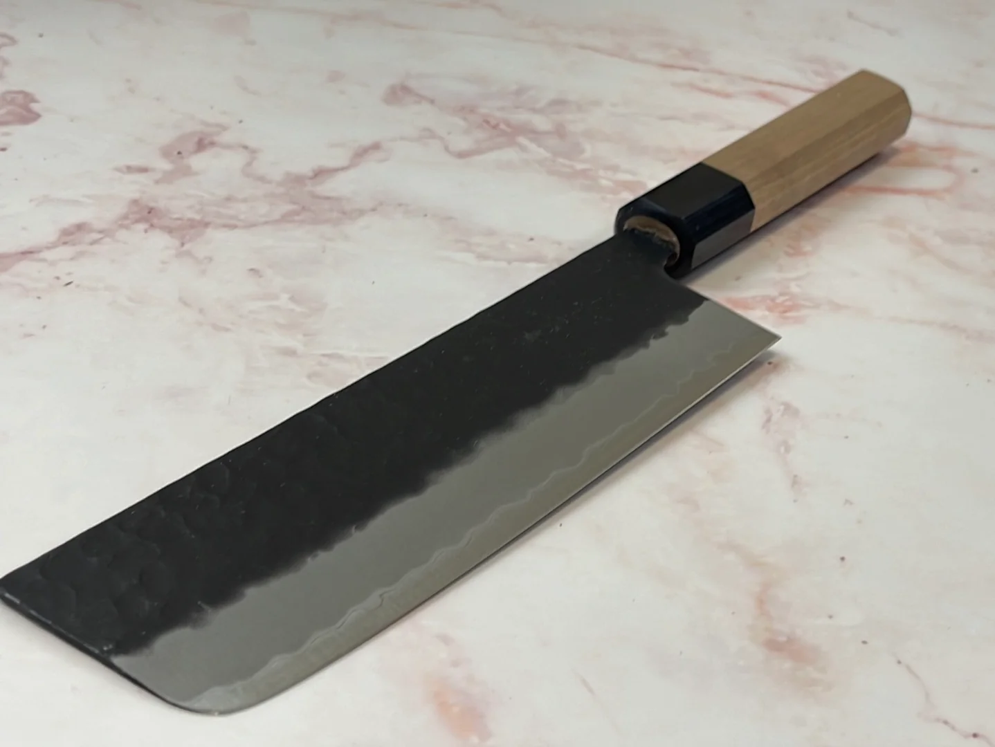 Yoshimune Nakiri 165mm (6.5in) Stainless clad Aogami(Blue) Super Black Hammered Finish Double-Bevel Walnut Octagonal Handle - Image 5