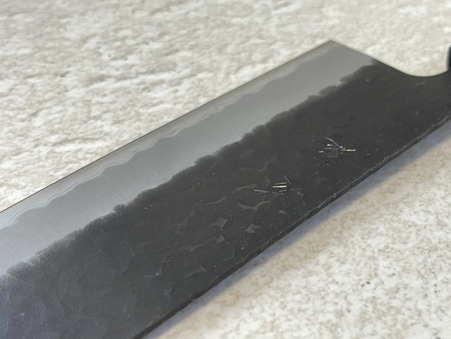Yoshimune Nakiri Black Stainless 165mm Aogami Super Hammered Finish Double-Bevel Walnut Octagonal Handle - Image 10