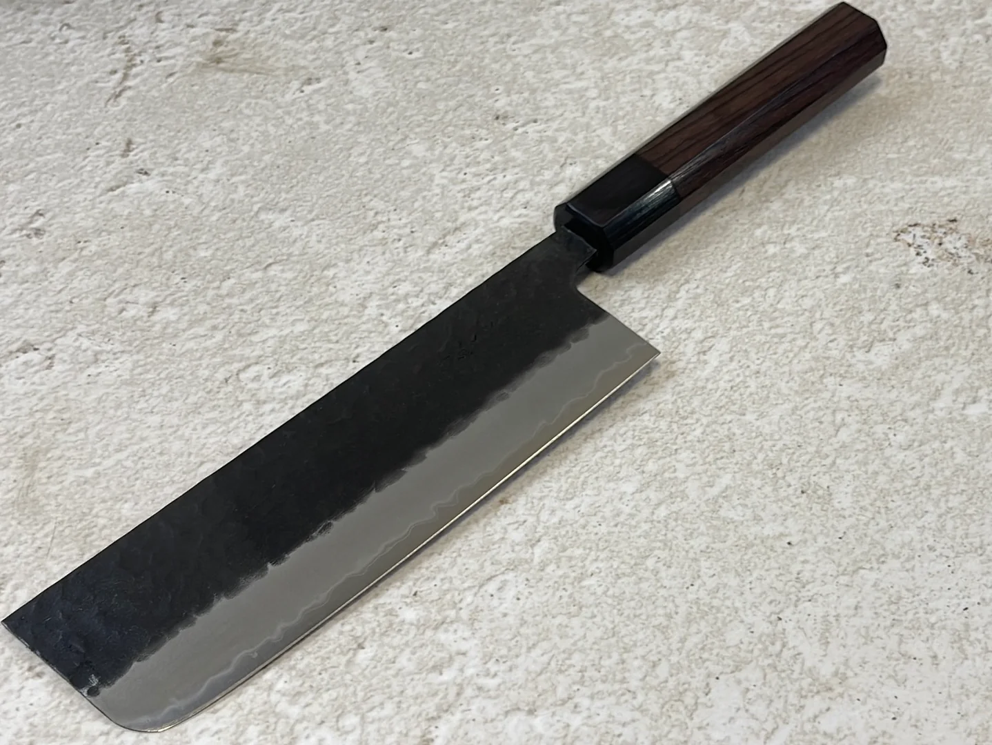 Yoshimune Nakiri Black Stainless 165mm Aogami Super Hammered Finish Double-Bevel Walnut Octagonal Handle - Image 11