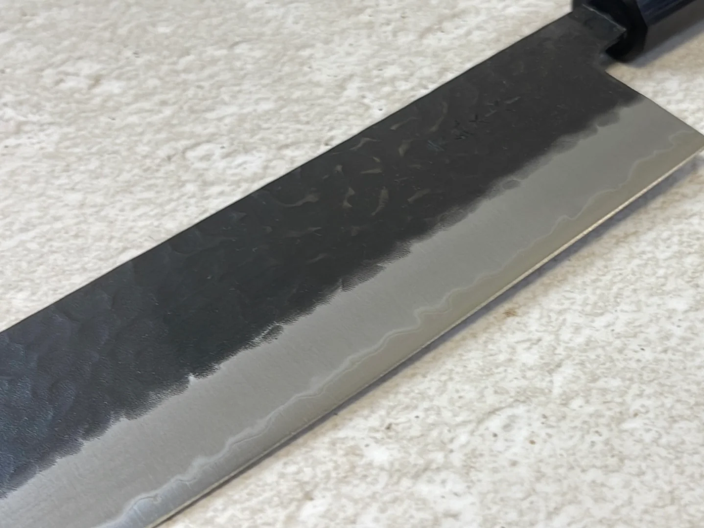 Yoshimune Nakiri Black Stainless 165mm Aogami Super Hammered Finish Double-Bevel Walnut Octagonal Handle - Image 12