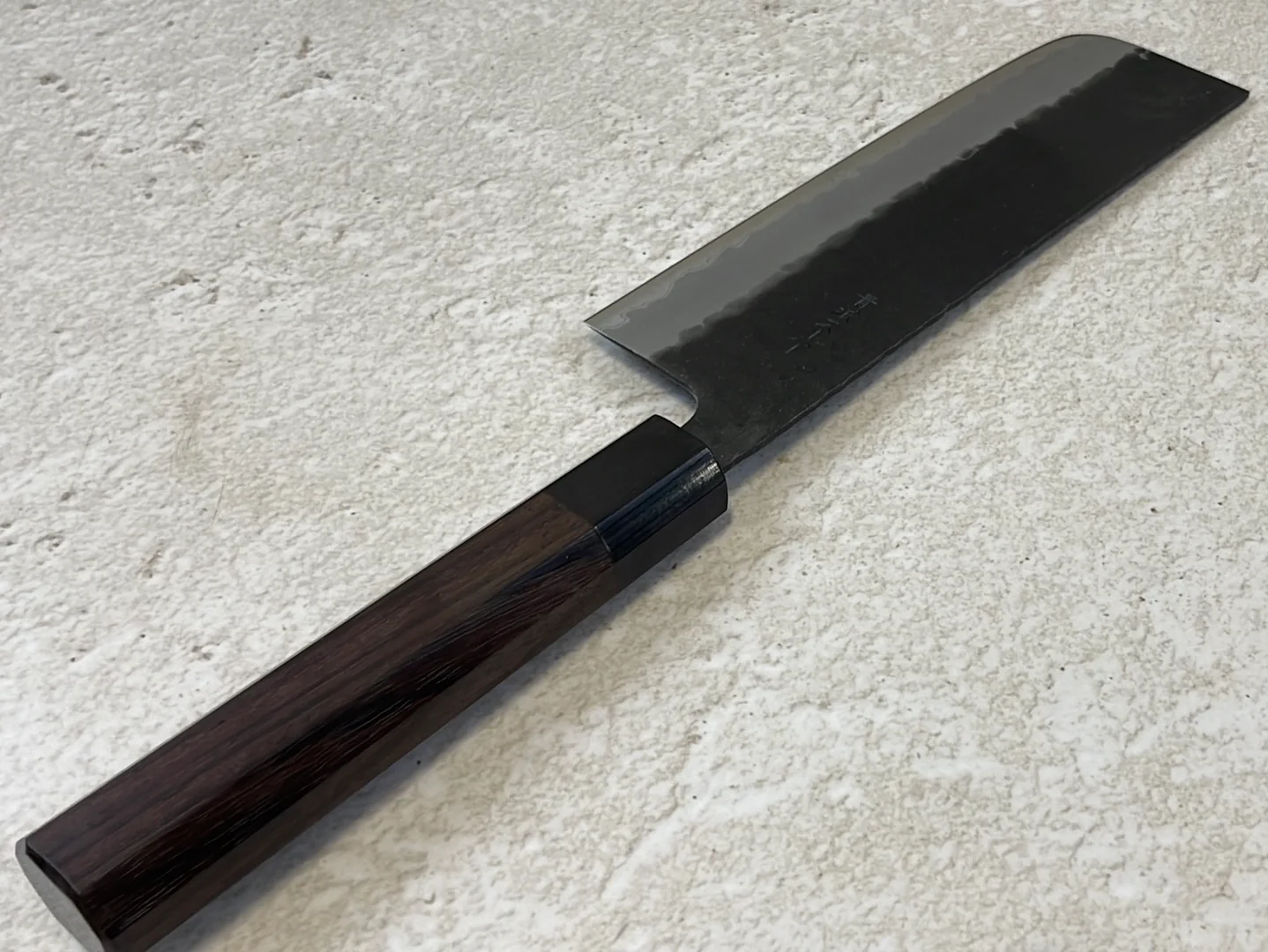 Yoshimune Nakiri Black Stainless 165mm Aogami Super Hammered Finish Double-Bevel Walnut Octagonal Handle - Image 14